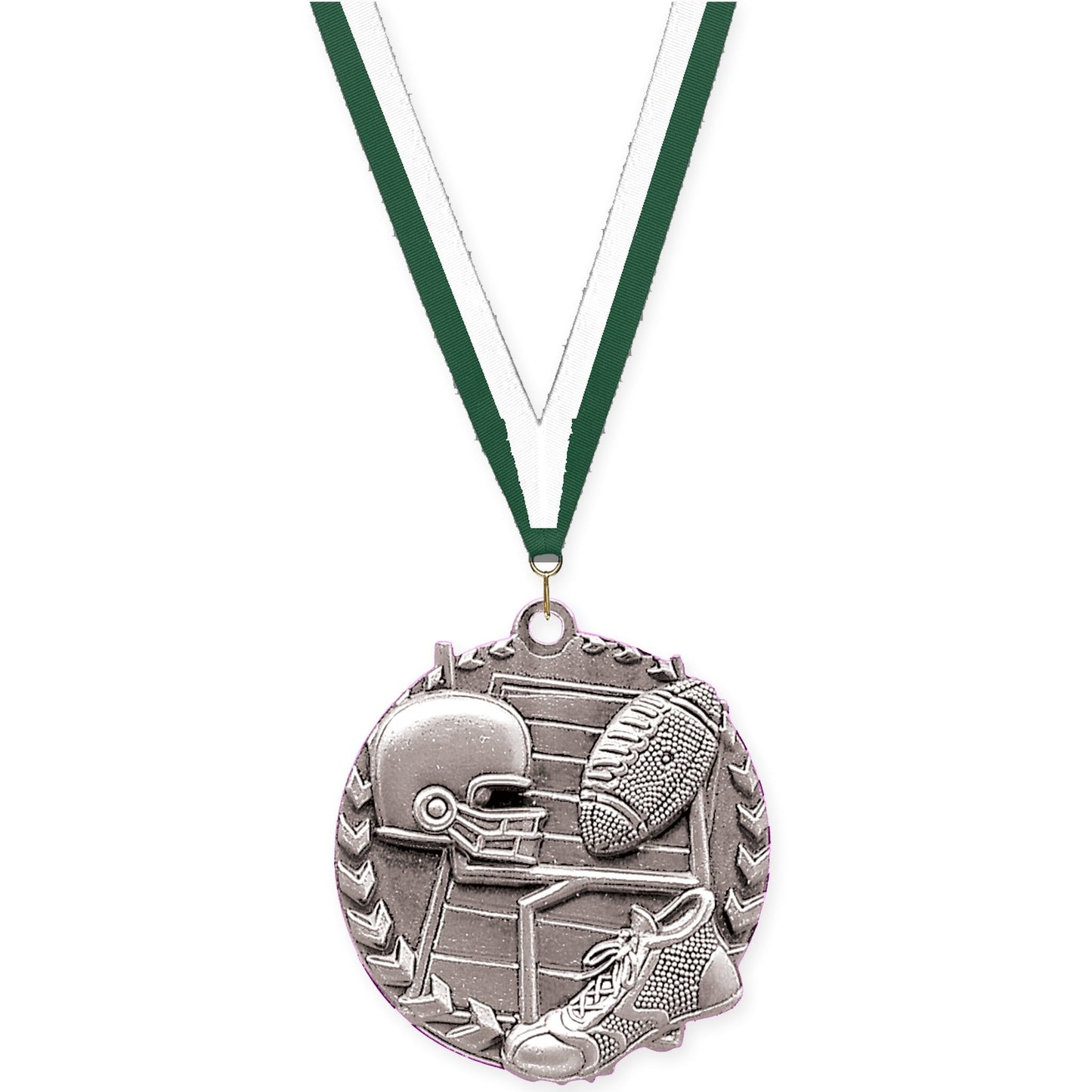 1 3/4 inch football Millennium medal in bright silver with Hunter Green White neck ribbon