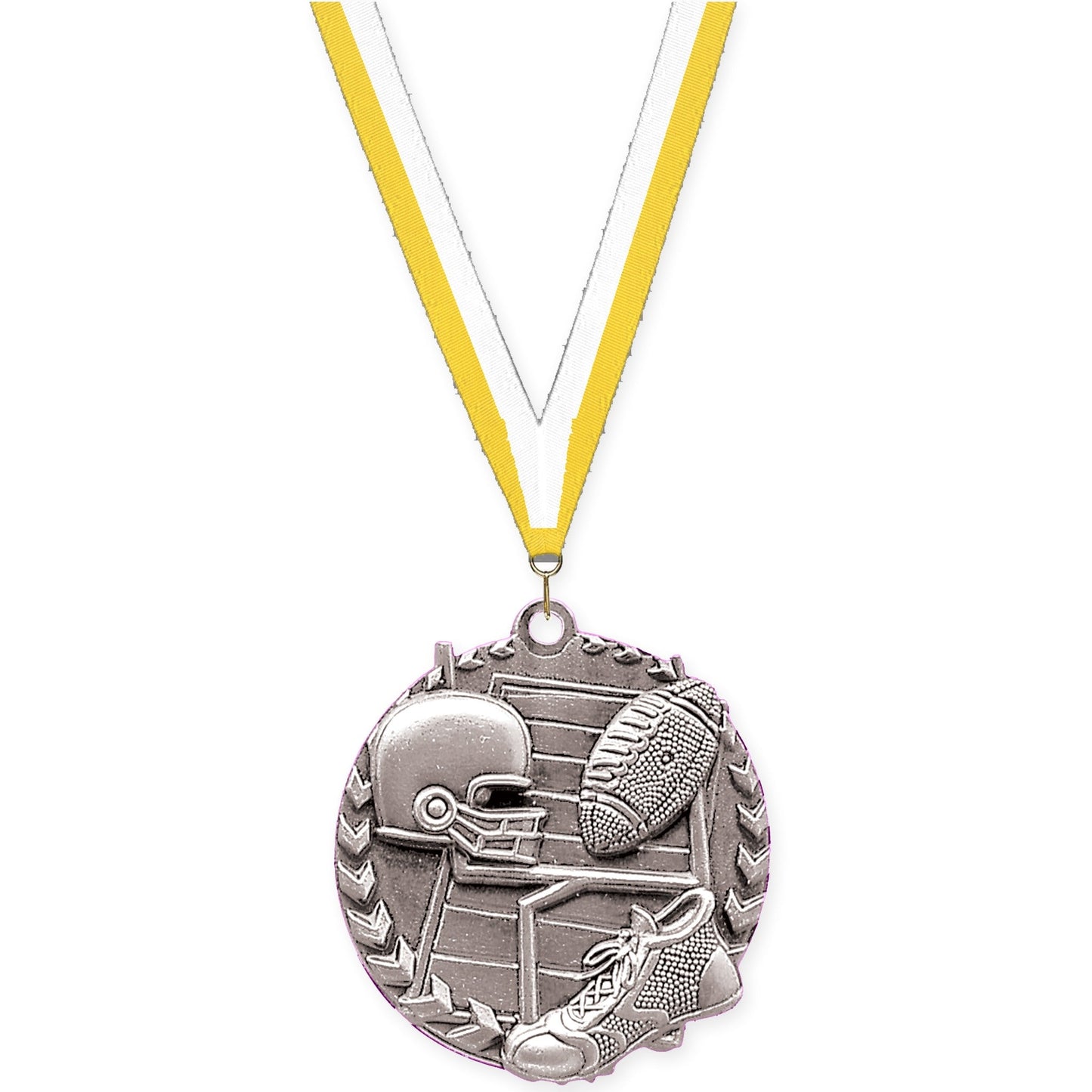 1 3/4 inch football Millennium medal in bright silver with Yellow White neck ribbon