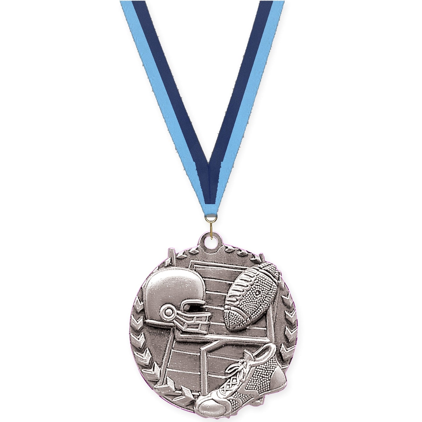 1 3/4 inch football Millennium medal in bright silver with Light Blue Navy neck ribbon