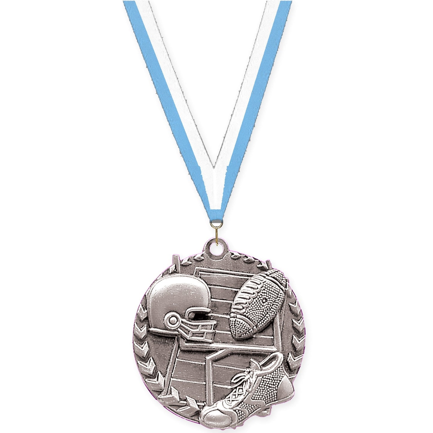 1 3/4 inch football Millennium medal in bright silver with Light Blue White neck ribbon