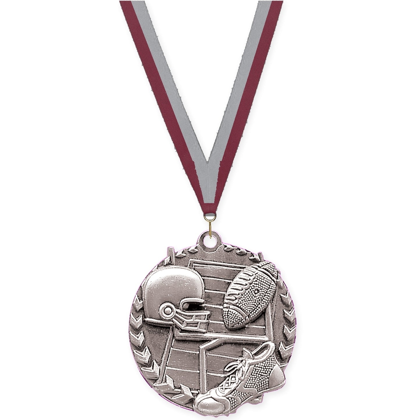 1 3/4 inch football Millennium medal in bright silver with Maroon Gray neck ribbon