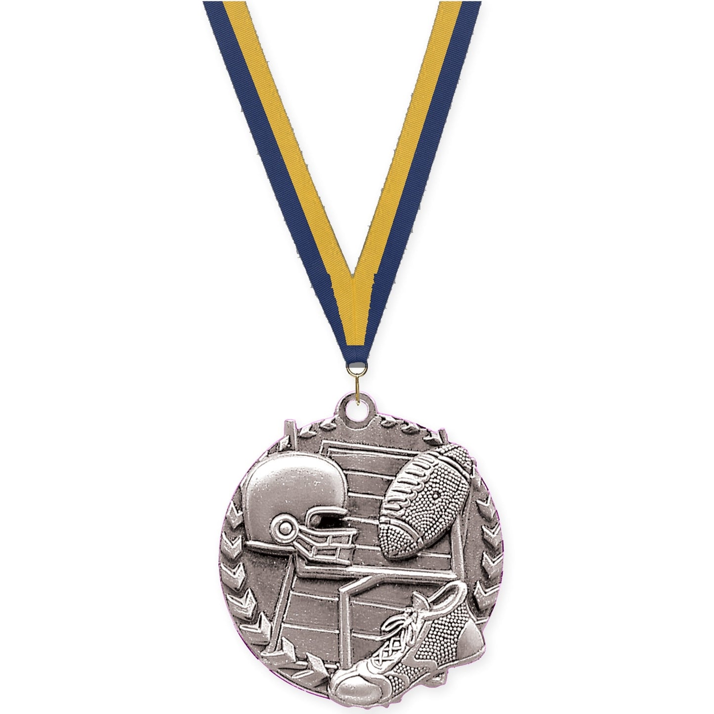 1 3/4 inch football Millennium medal in bright silver with Navy Gold neck ribbon