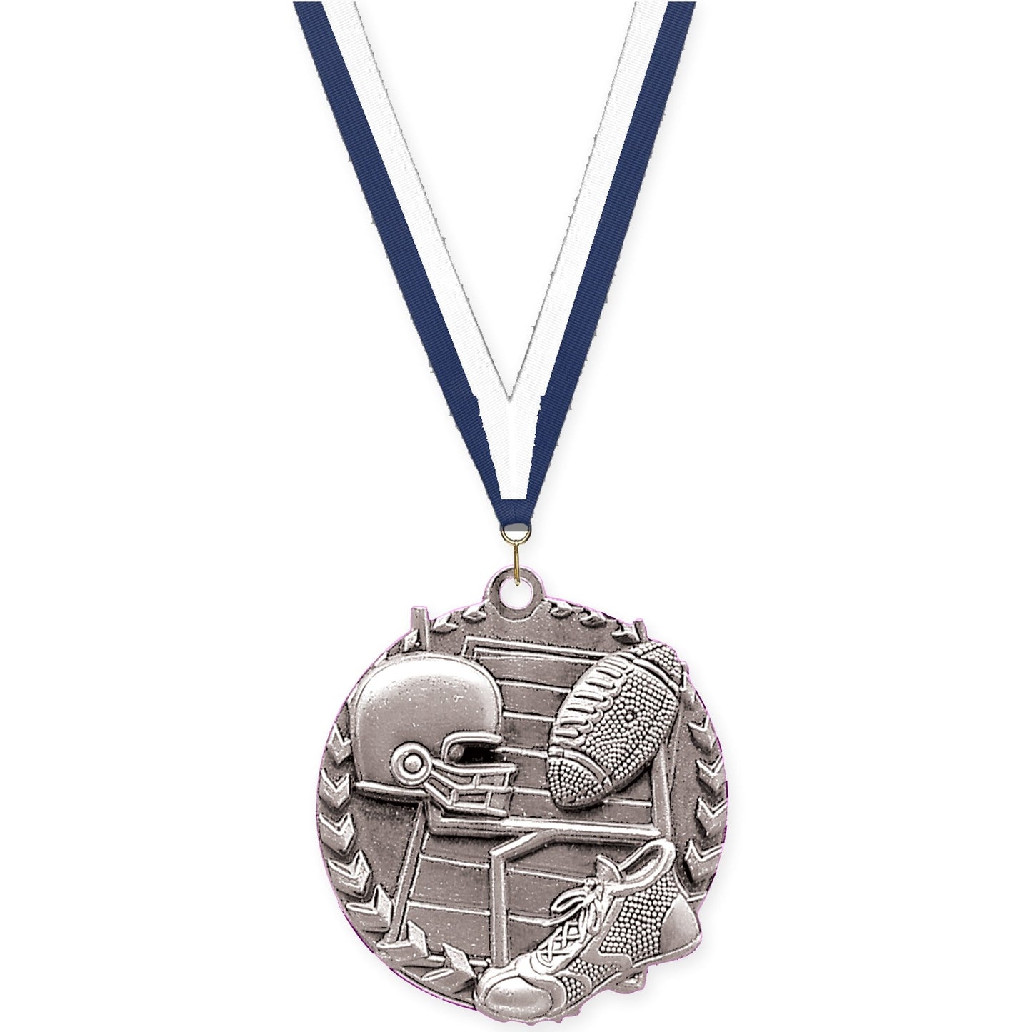 1 3/4 inch football Millennium medal in bright silver with Navy White neck ribbon