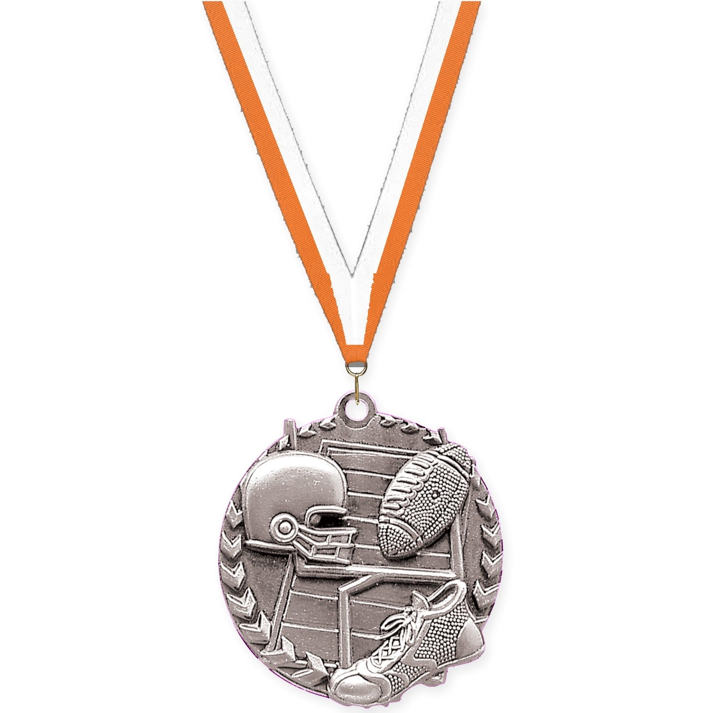 1 3/4 inch football Millennium medal in bright silver with Orange White neck ribbon
