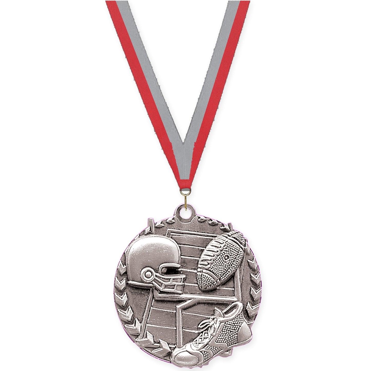 1 3/4 inch football Millennium medal in bright silver with Red Gray neck ribbon