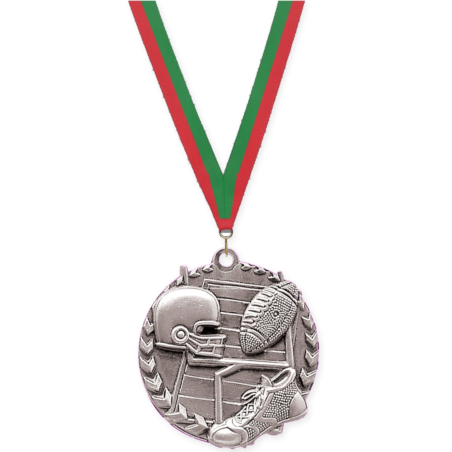 1 3/4 inch football Millennium medal in bright silver with Red Green neck ribbon