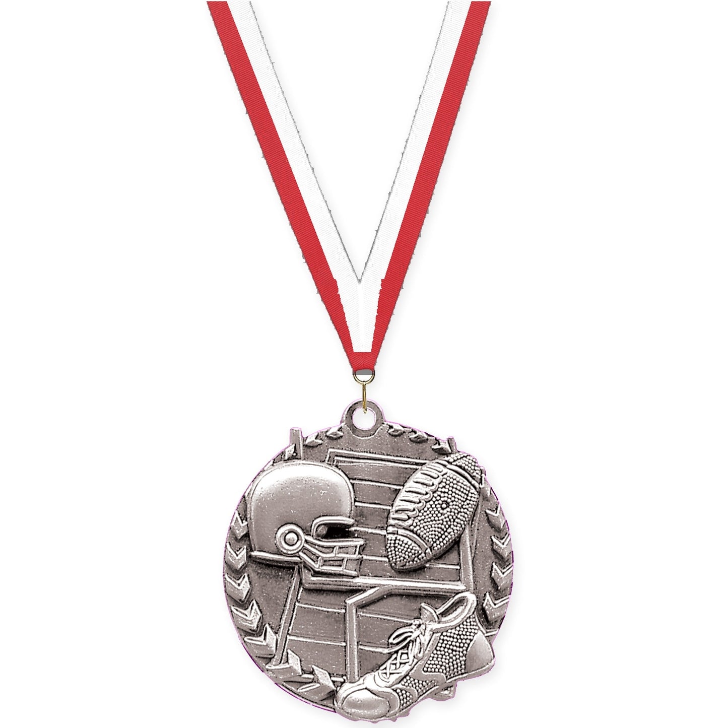 1 3/4 inch football Millennium medal in bright silver with Red White neck ribbon
