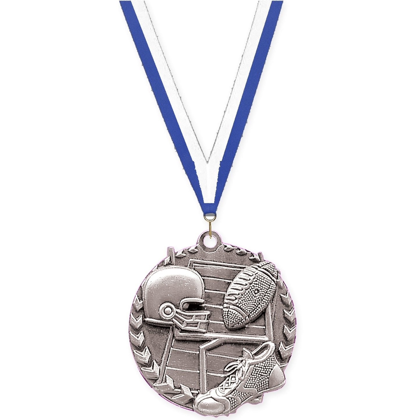 1 3/4 inch football Millennium medal in bright silver with Blue White neck ribbon