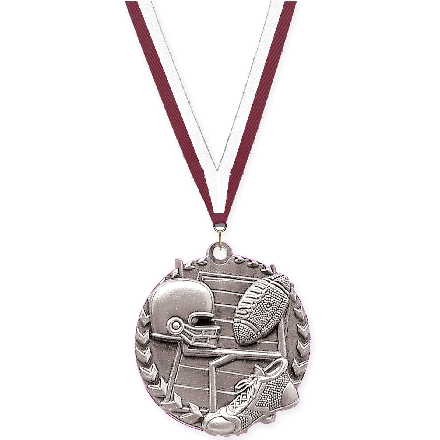 1 3/4 inch football Millennium medal in bright silver with Maroon White neck ribbon