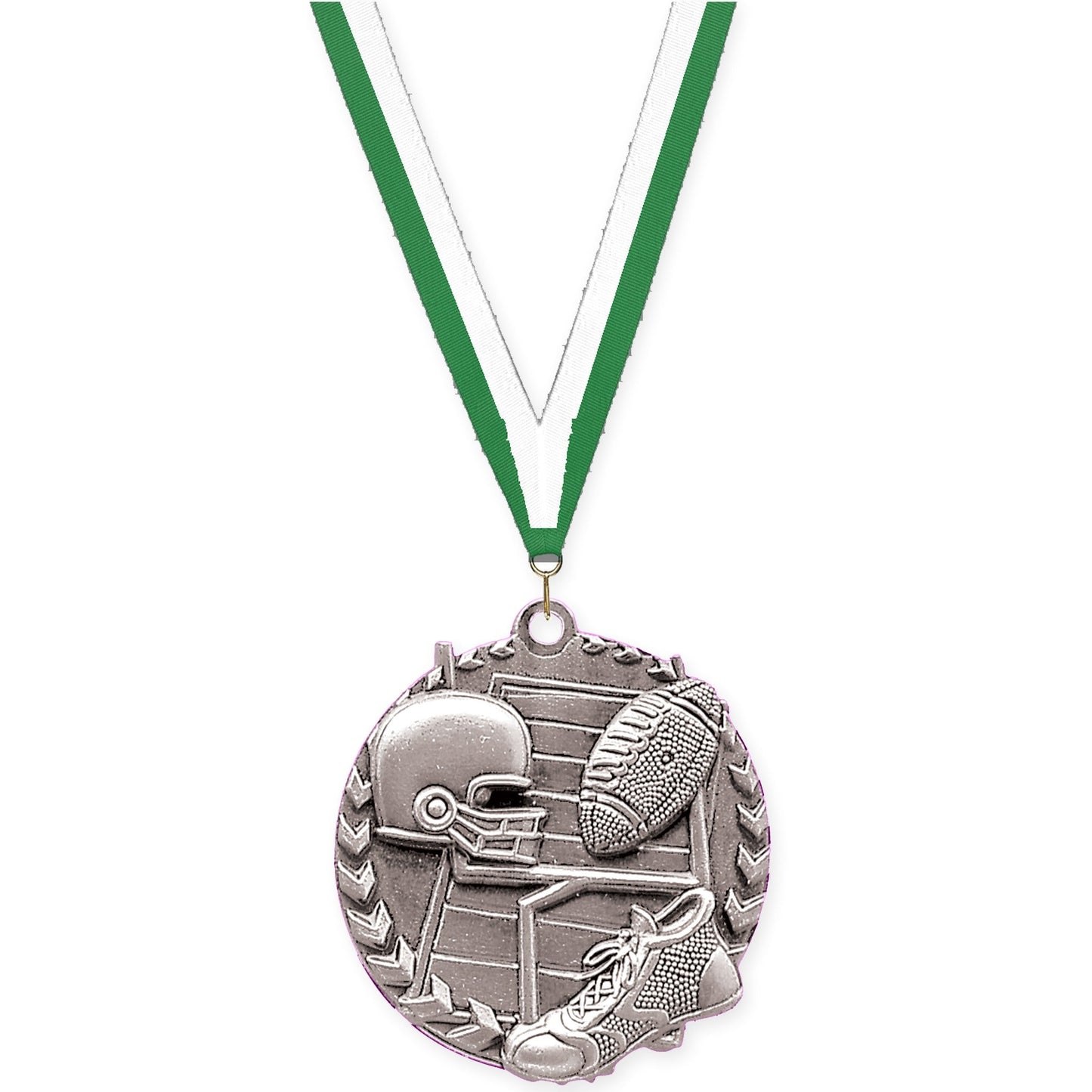 1 3/4 inch football Millennium medal in bright silver with Green White neck ribbon