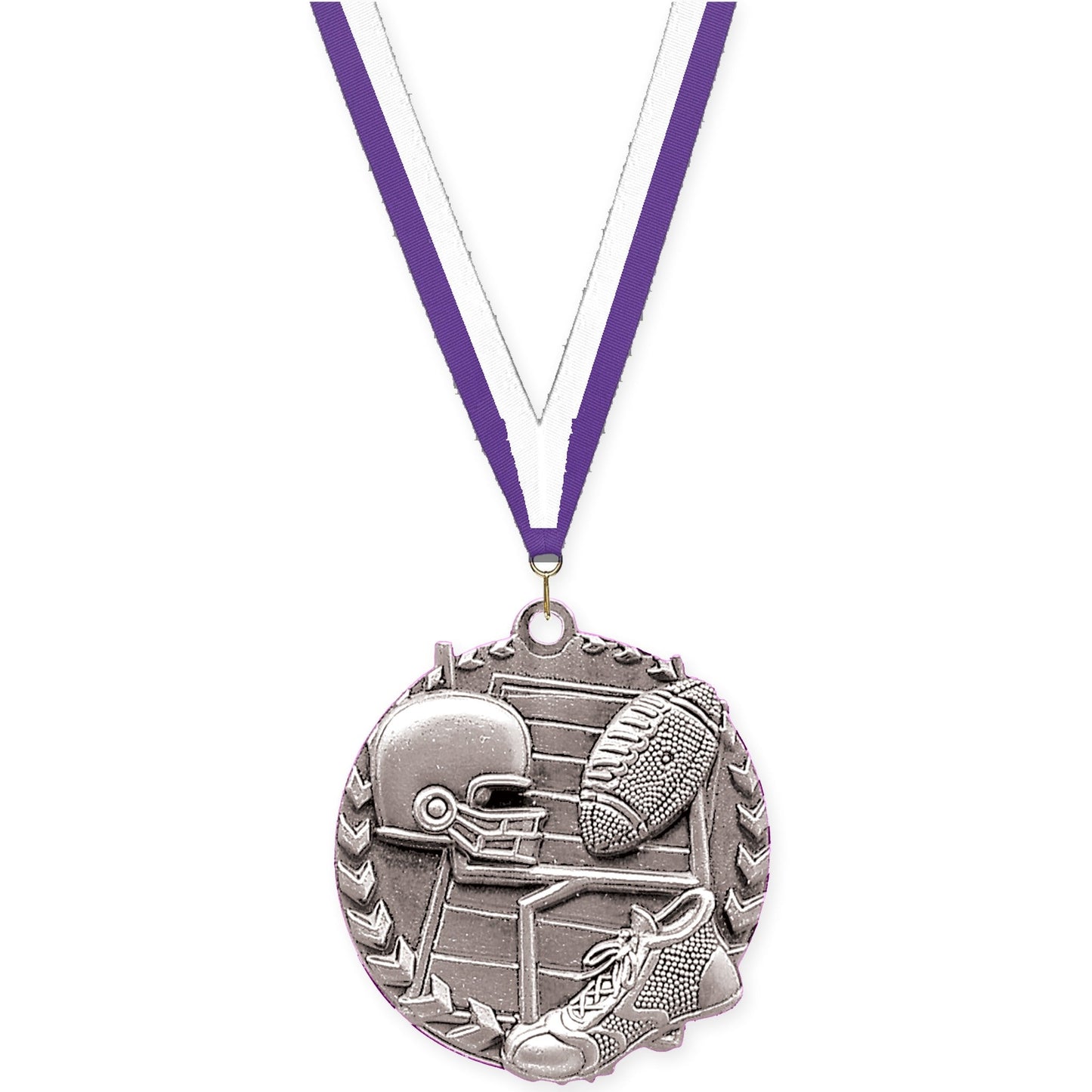1 3/4 inch football Millennium medal in bright silver with Purple White neck ribbon