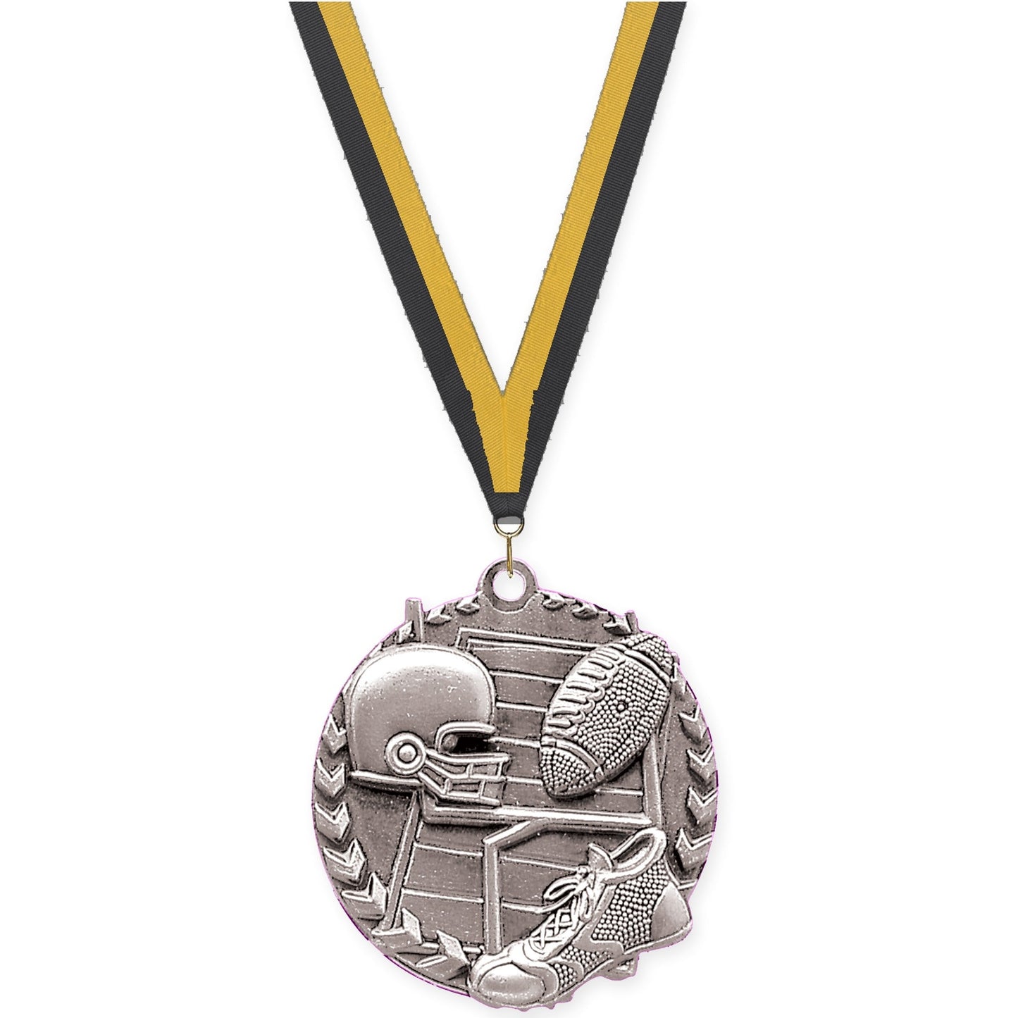 1 3/4 inch football Millennium medal in bright silver with Black Gold neck ribbon
