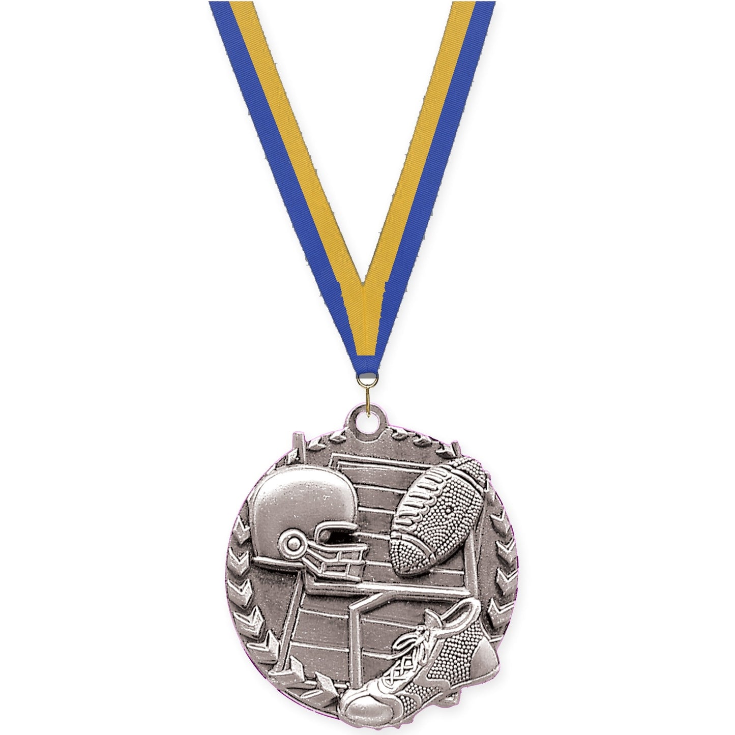 1 3/4 inch football Millennium medal in bright silver with Blue Gold neck ribbon