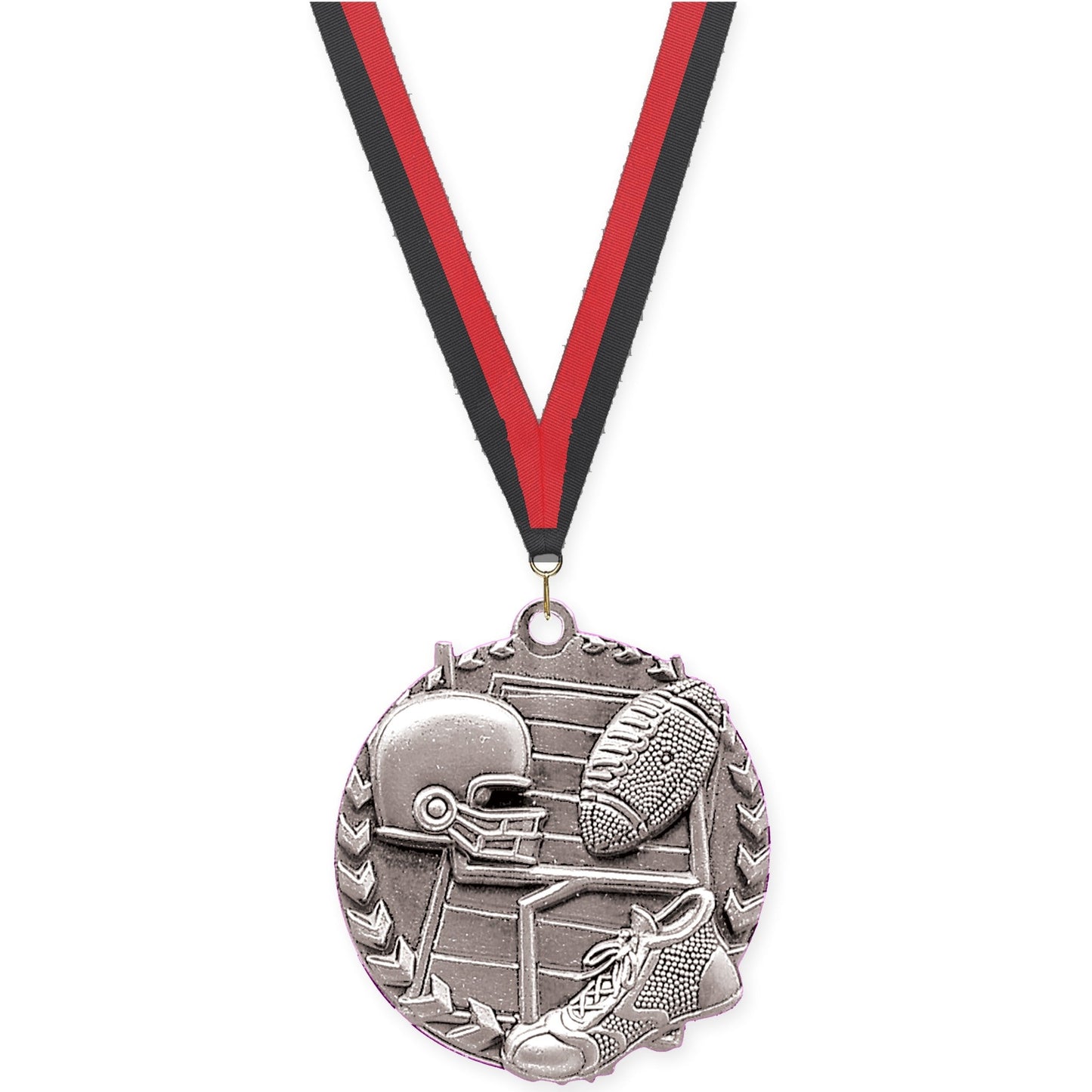 1 3/4 inch football Millennium medal in bright silver with Black Red neck ribbon