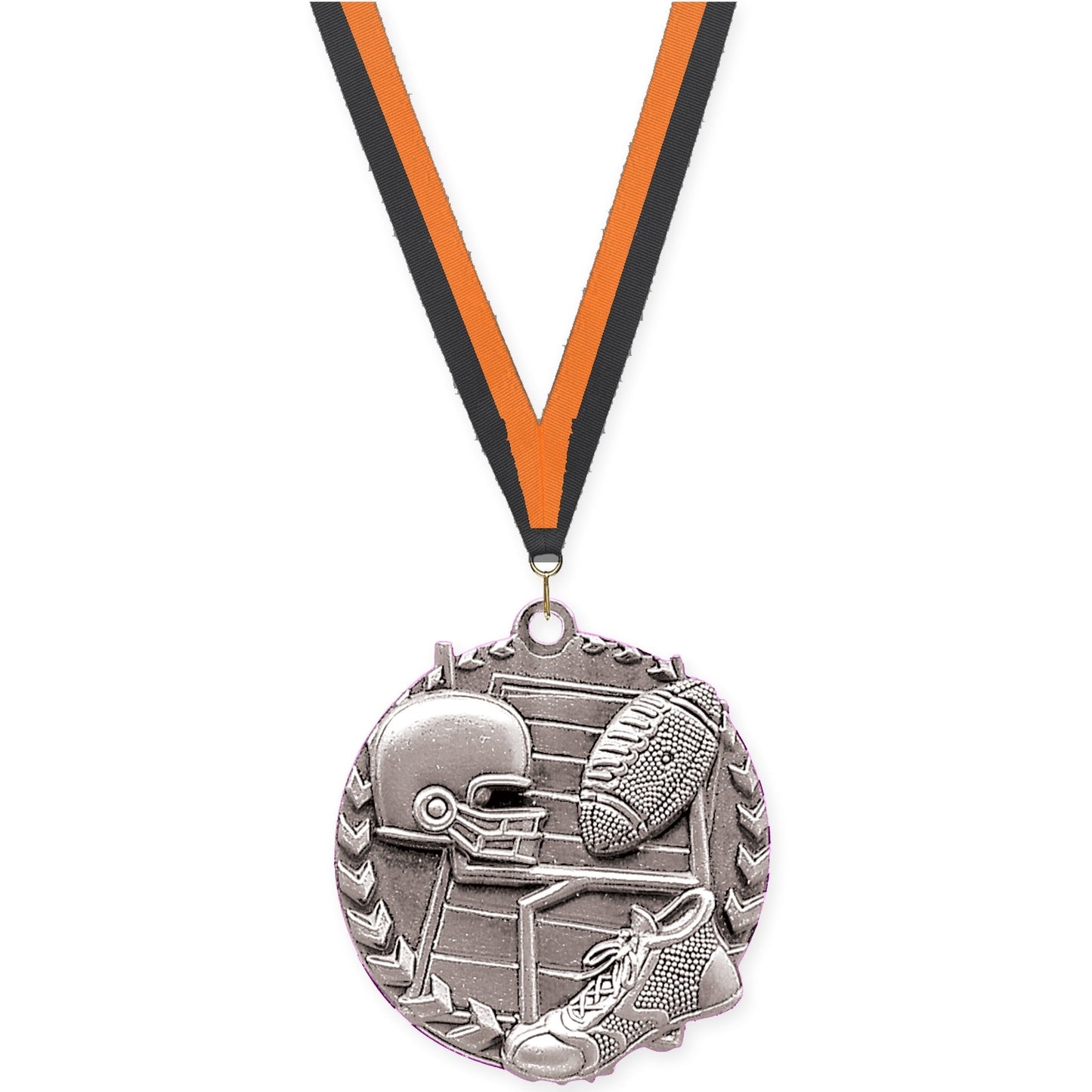 1 3/4 inch football Millennium medal in bright silver with Black Orange neck ribbon