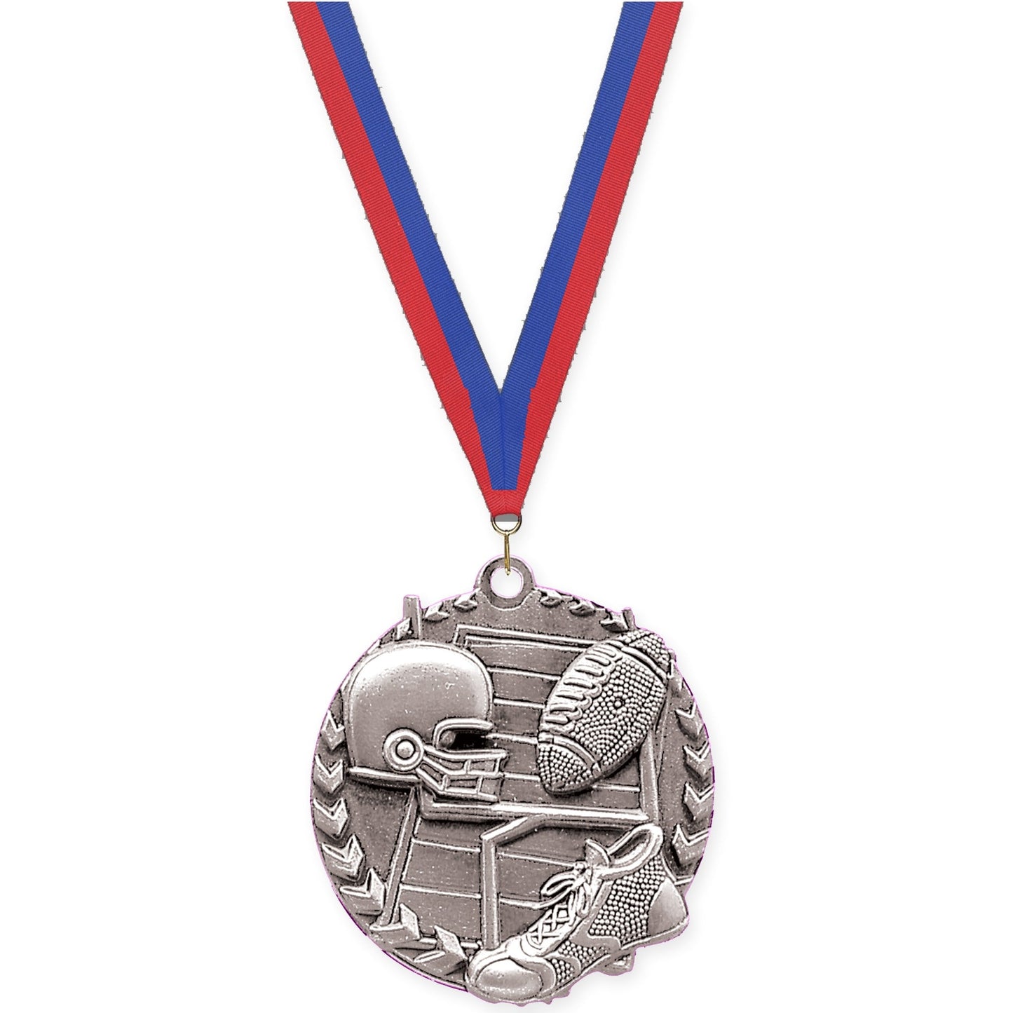 1 3/4 inch football Millennium medal in bright silver with Blue Red neck ribbon