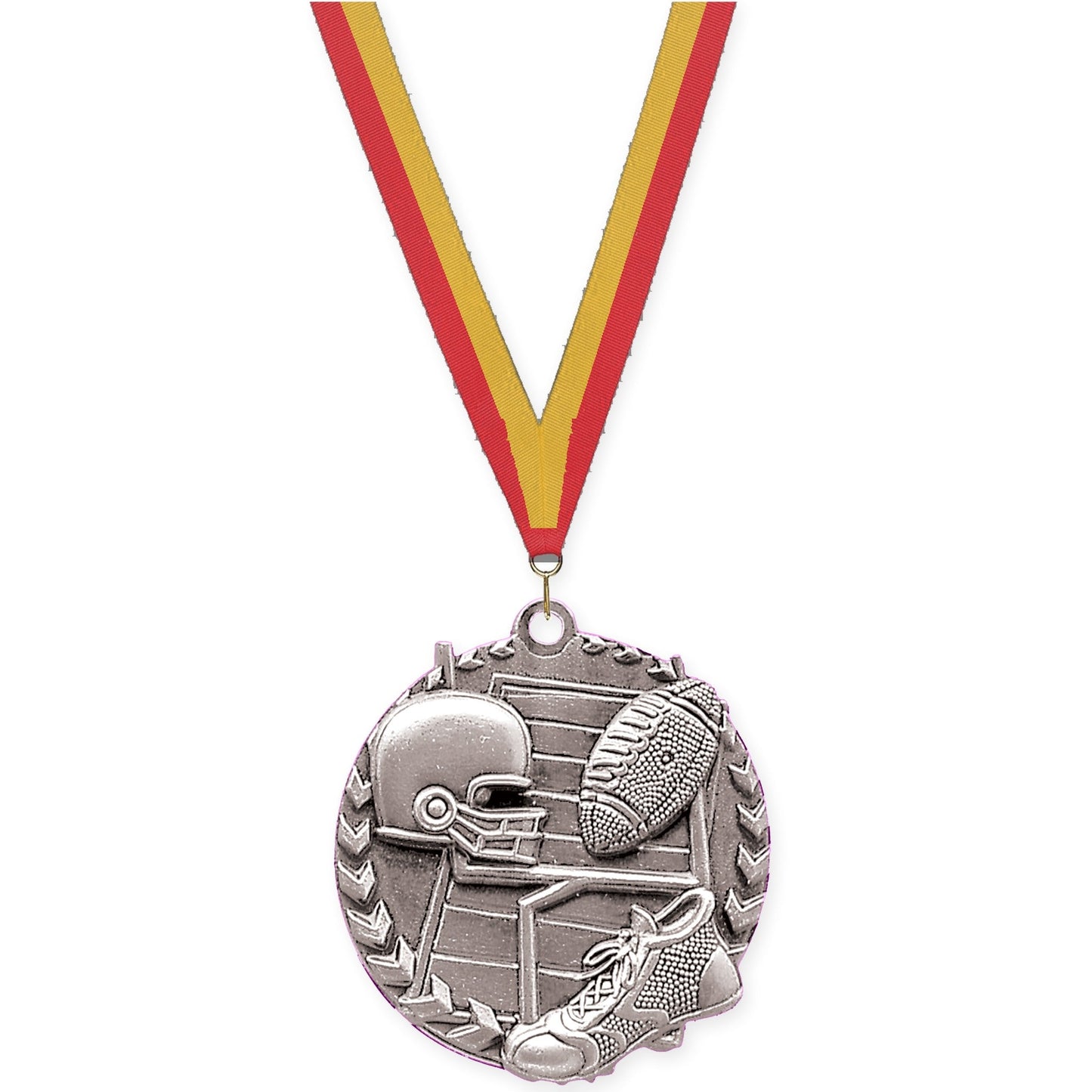 1 3/4 inch football Millennium medal in bright silver with Red Gold neck ribbon