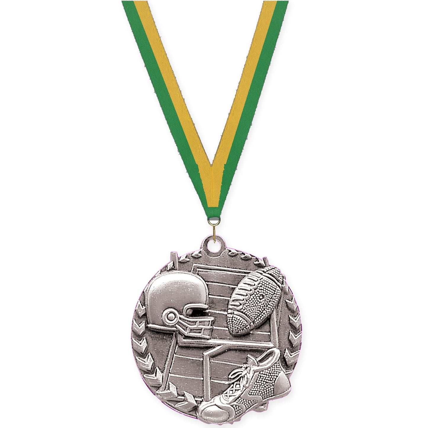 1 3/4 inch football Millennium medal in bright silver with Green Gold neck ribbon