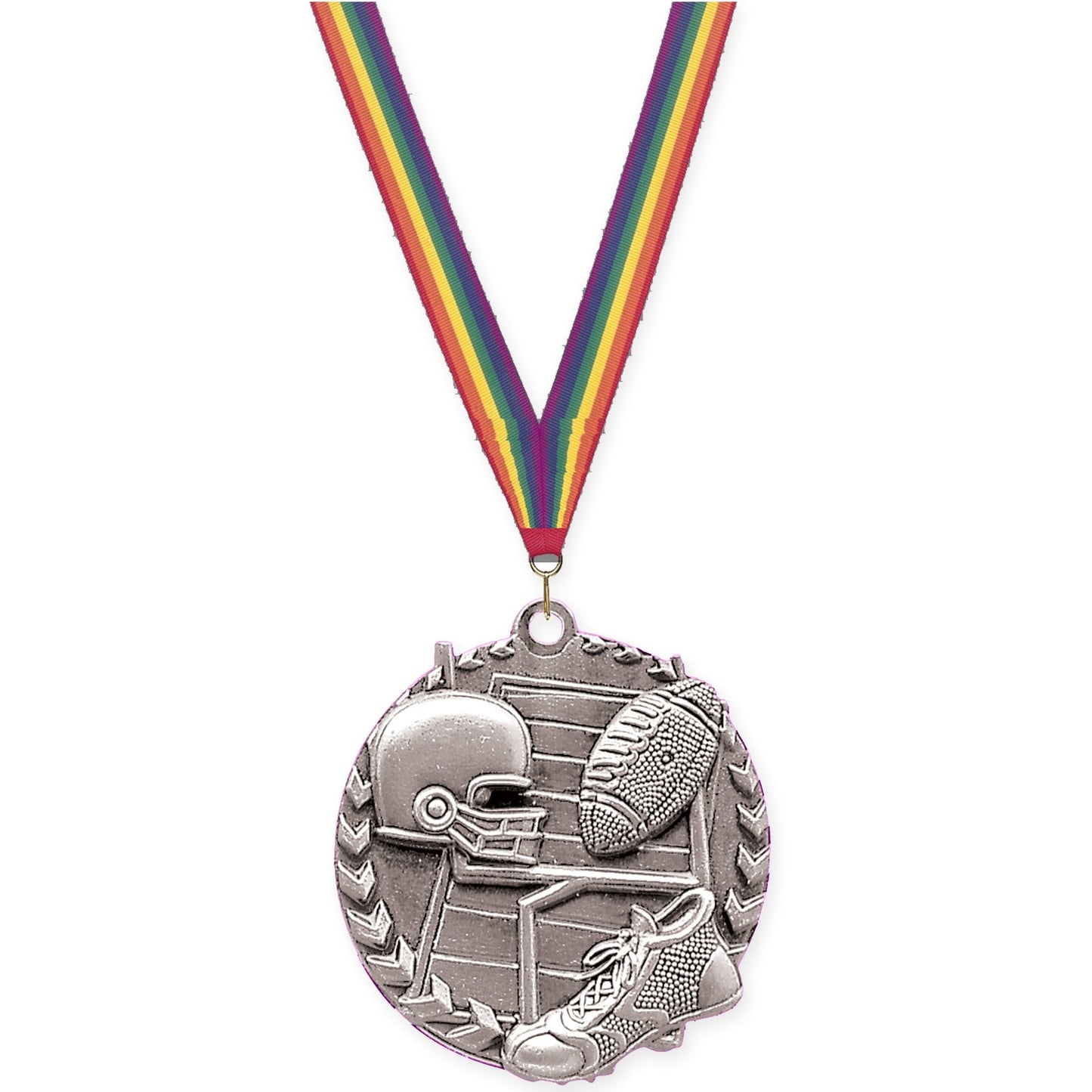 1 3/4 inch football Millennium medal in bright silver with Rainbow neck ribbon