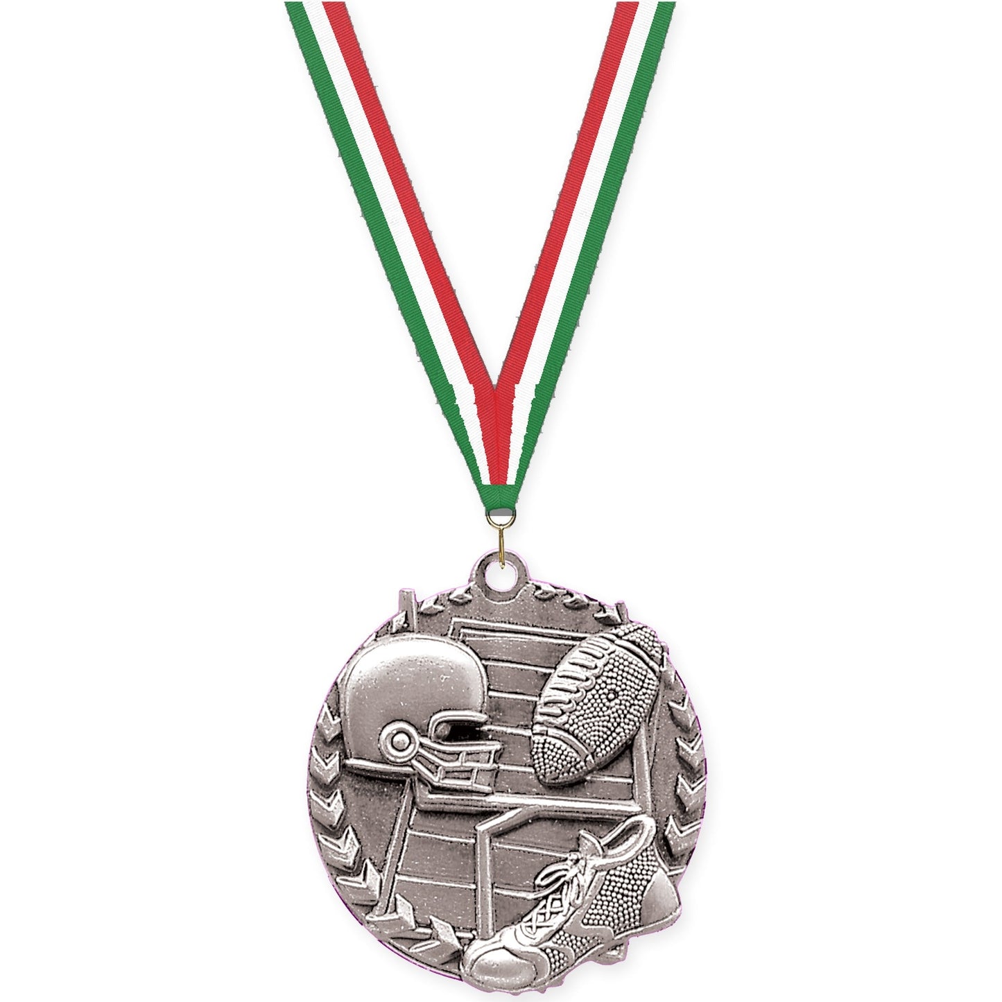 1 3/4 inch football Millennium medal in bright silver with Green White Red neck ribbon