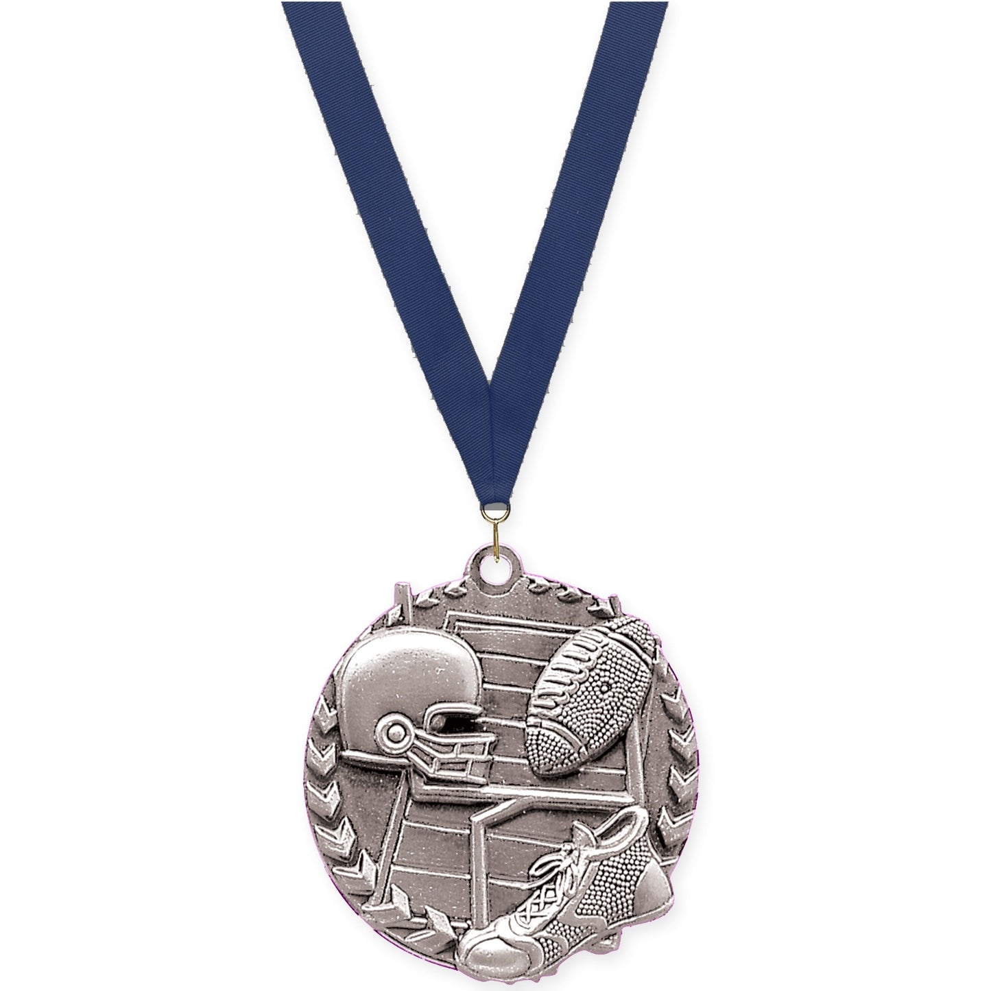 1 3/4 inch football Millennium medal in bright silver with Navy neck ribbon