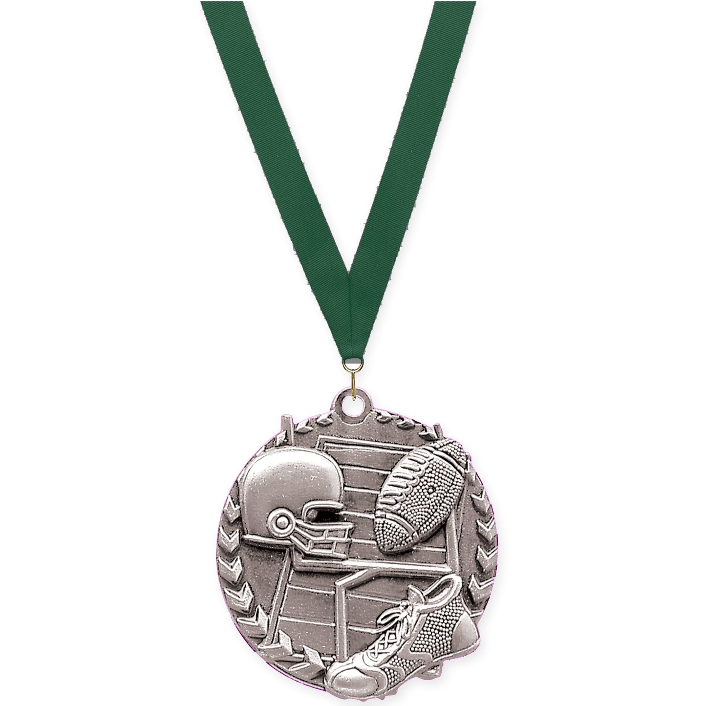 1 3/4 inch football Millennium medal in bright silver with Hunter Green neck ribbon