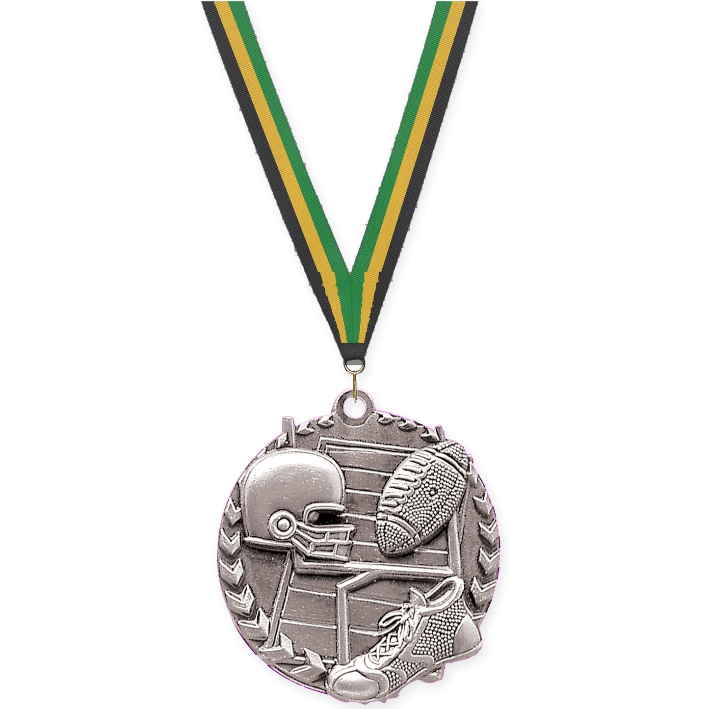 1 3/4 inch football Millennium medal in bright silver with Black Gold Green neck ribbon