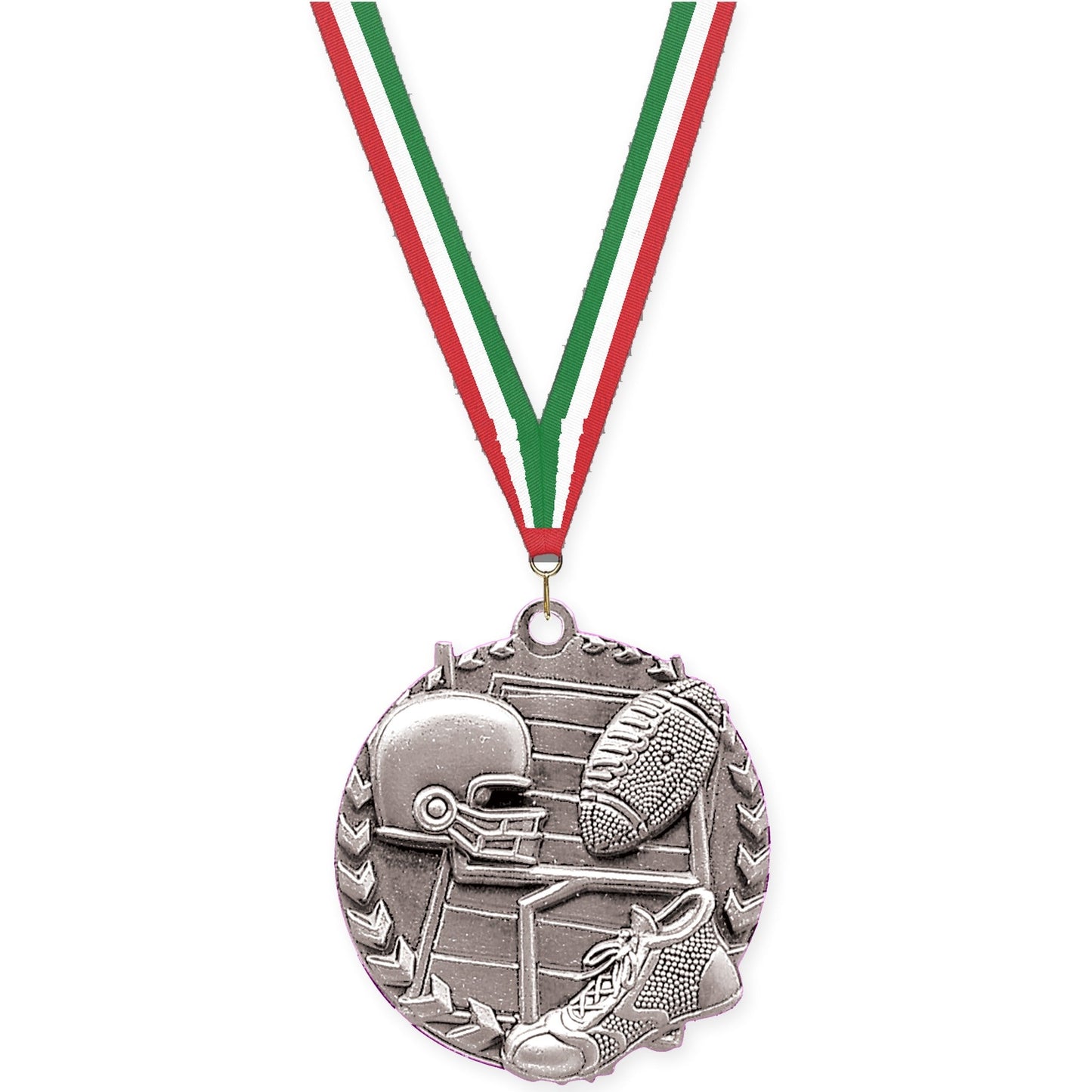 1 3/4 inch football Millennium medal in bright silver with Red White Green neck ribbon