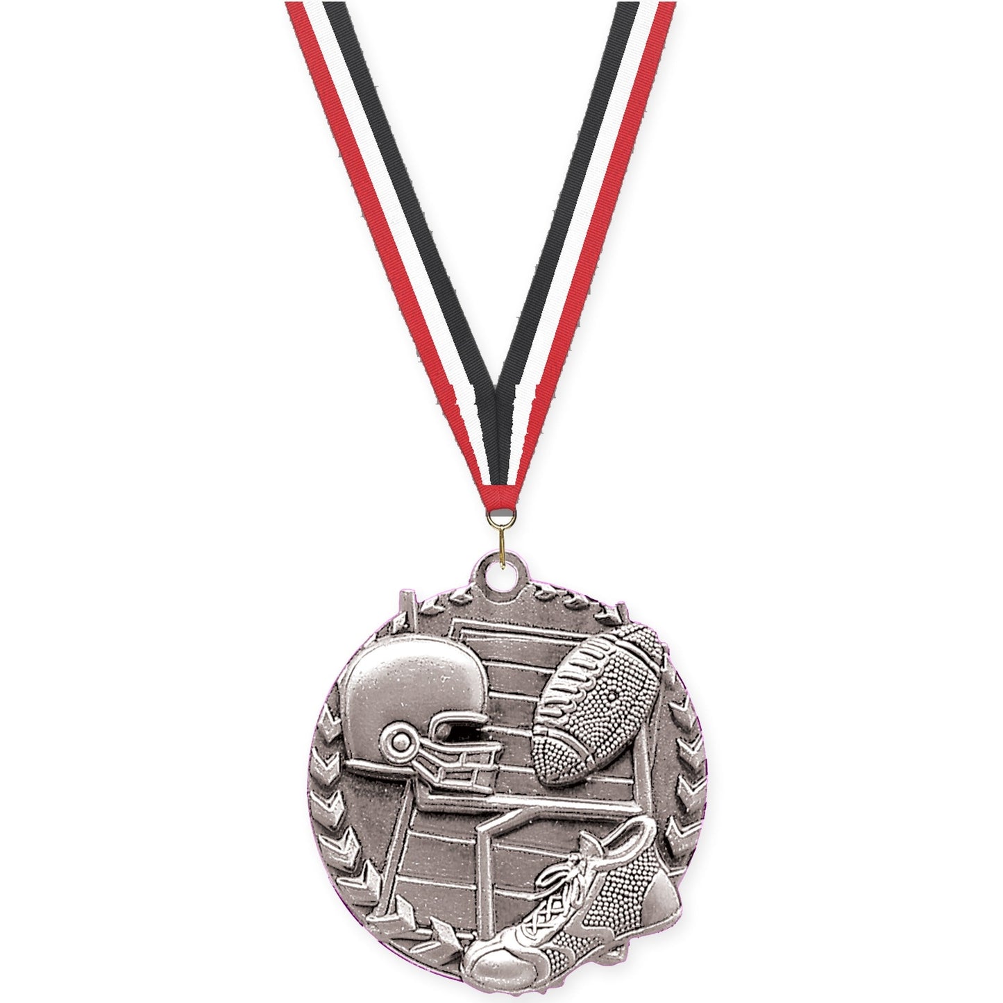 1 3/4 inch football Millennium medal in bright silver with Red White Black neck ribbon
