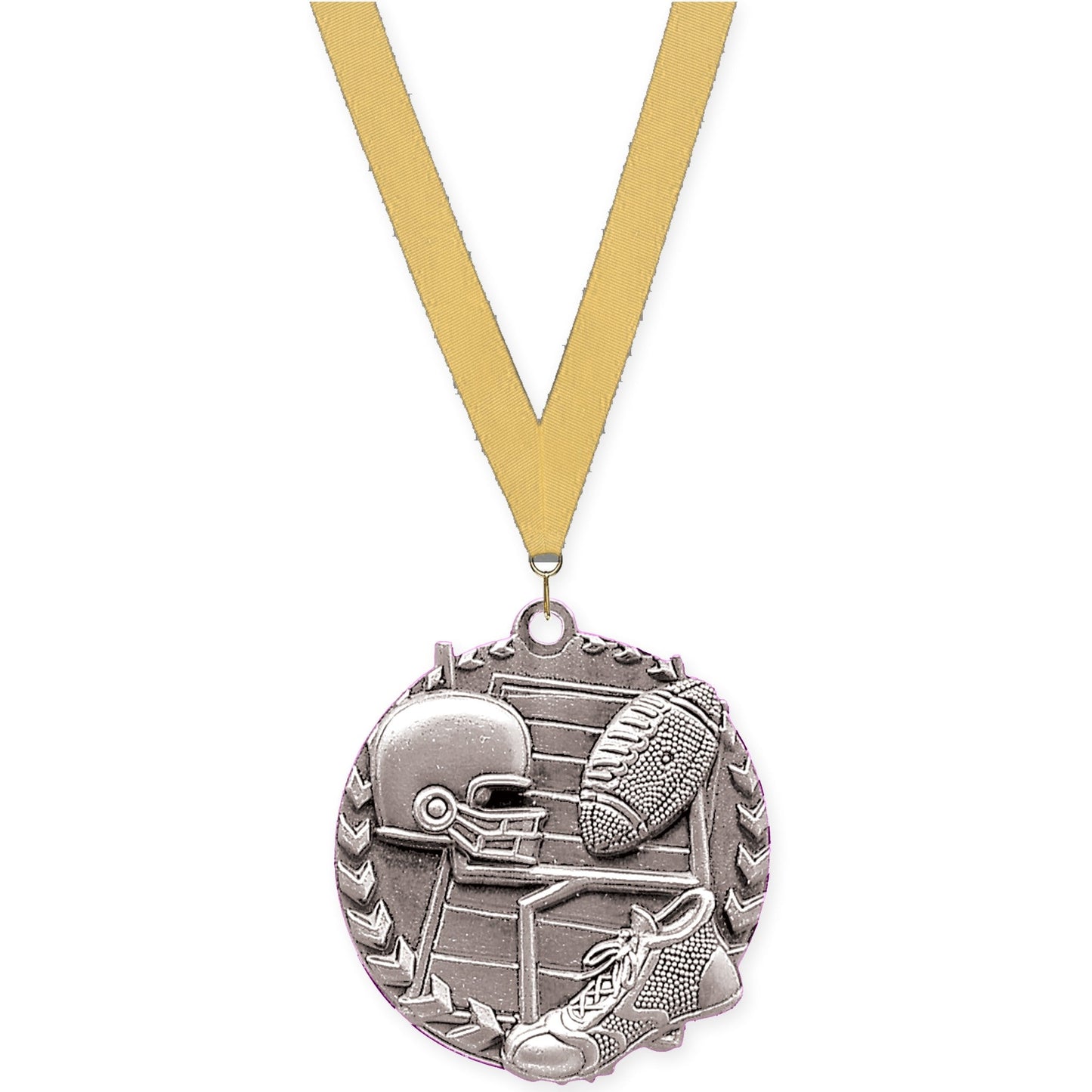 1 3/4 inch football Millennium medal in bright silver with Gold Metallic neck ribbon