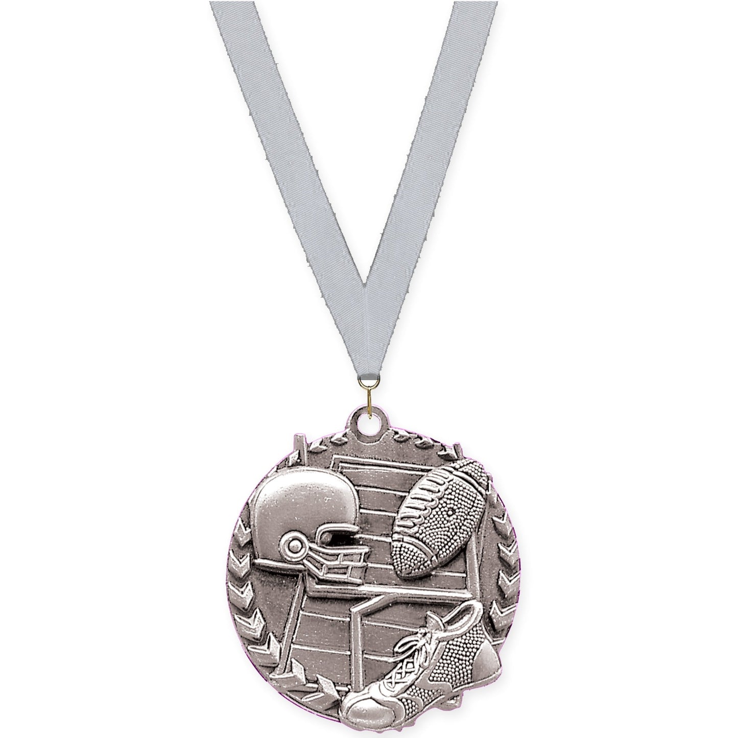 1 3/4 inch football Millennium medal in bright silver with Silver Metallic neck ribbon