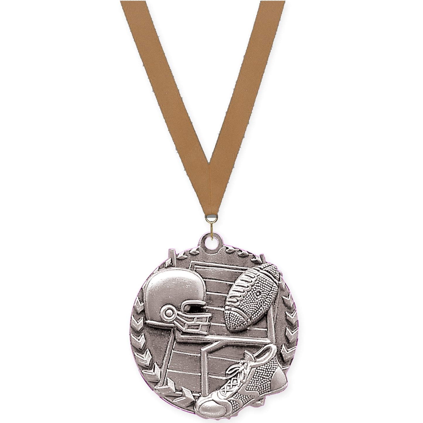 1 3/4 inch football Millennium medal in bright silver with Bronze Metallic neck ribbon