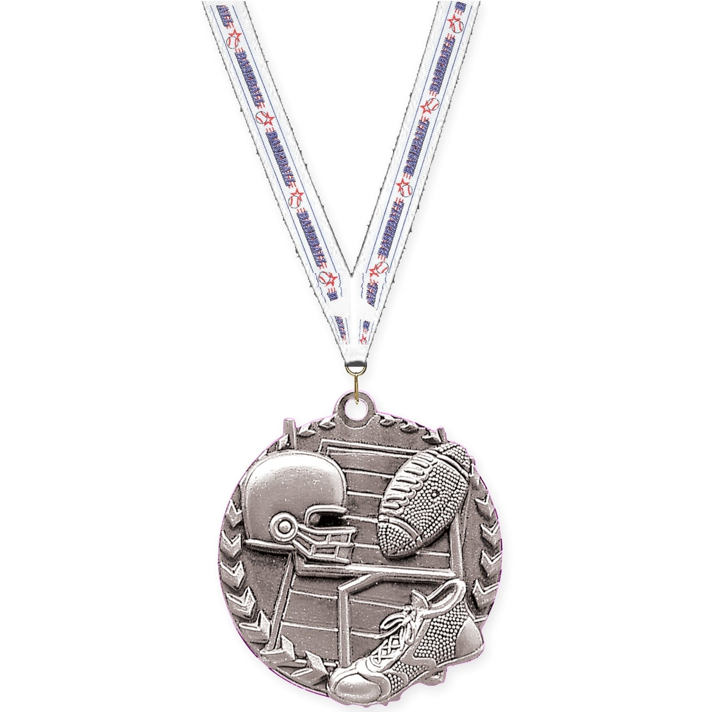 1 3/4 inch football Millennium medal in bright silver with Baseball neck ribbon