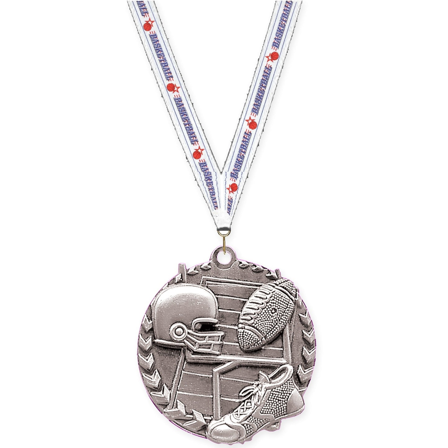 1 3/4 inch football Millennium medal in bright silver with Basketball neck ribbon