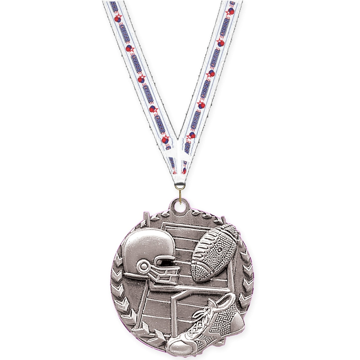 1 3/4 inch football Millennium medal in bright silver with Cheerleading neck ribbon