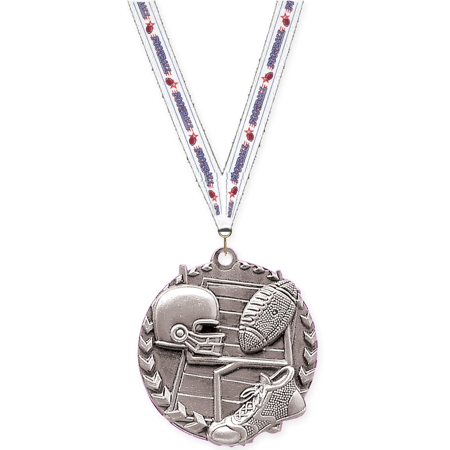 1 3/4 inch football Millennium medal in bright silver with Football neck ribbon