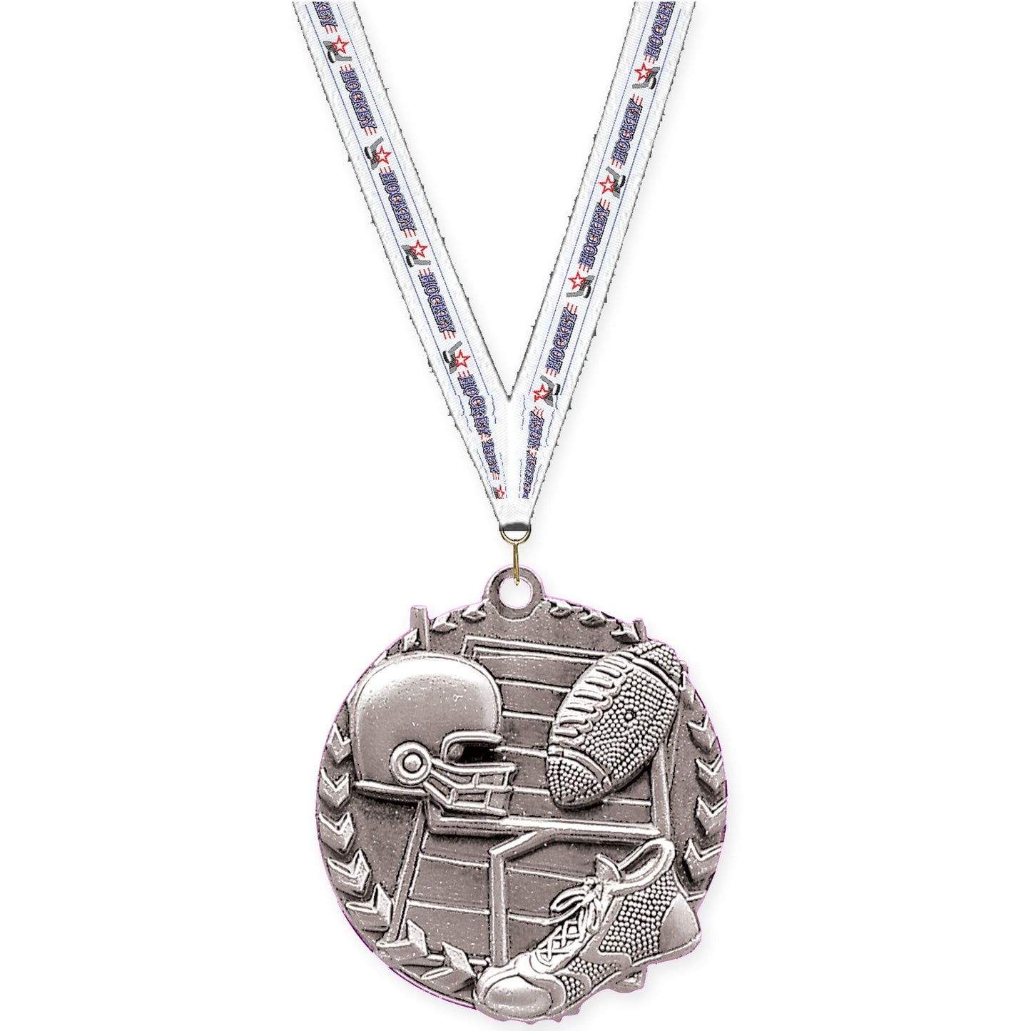 1 3/4 inch football Millennium medal in bright silver with Hockey neck ribbon