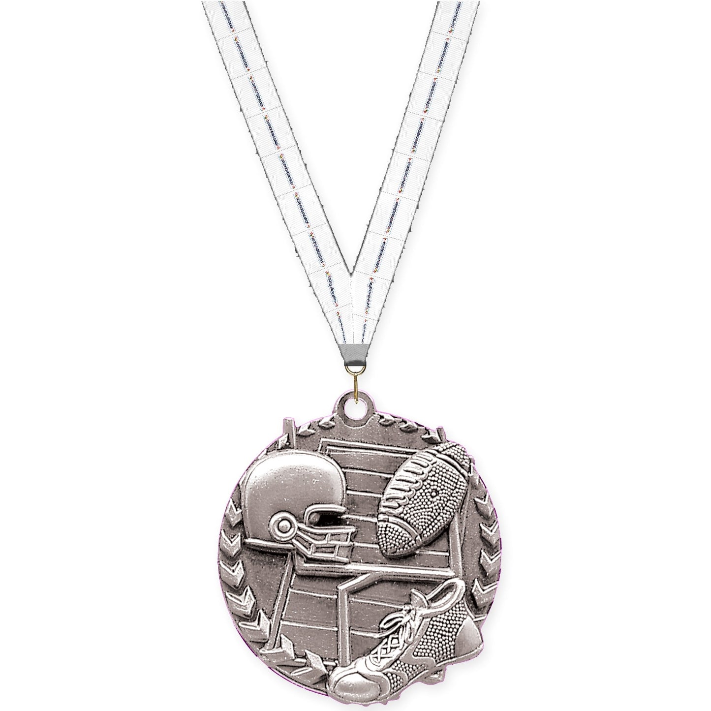 1 3/4 inch football Millennium medal in bright silver with Lamp Of Knowledge neck ribbon