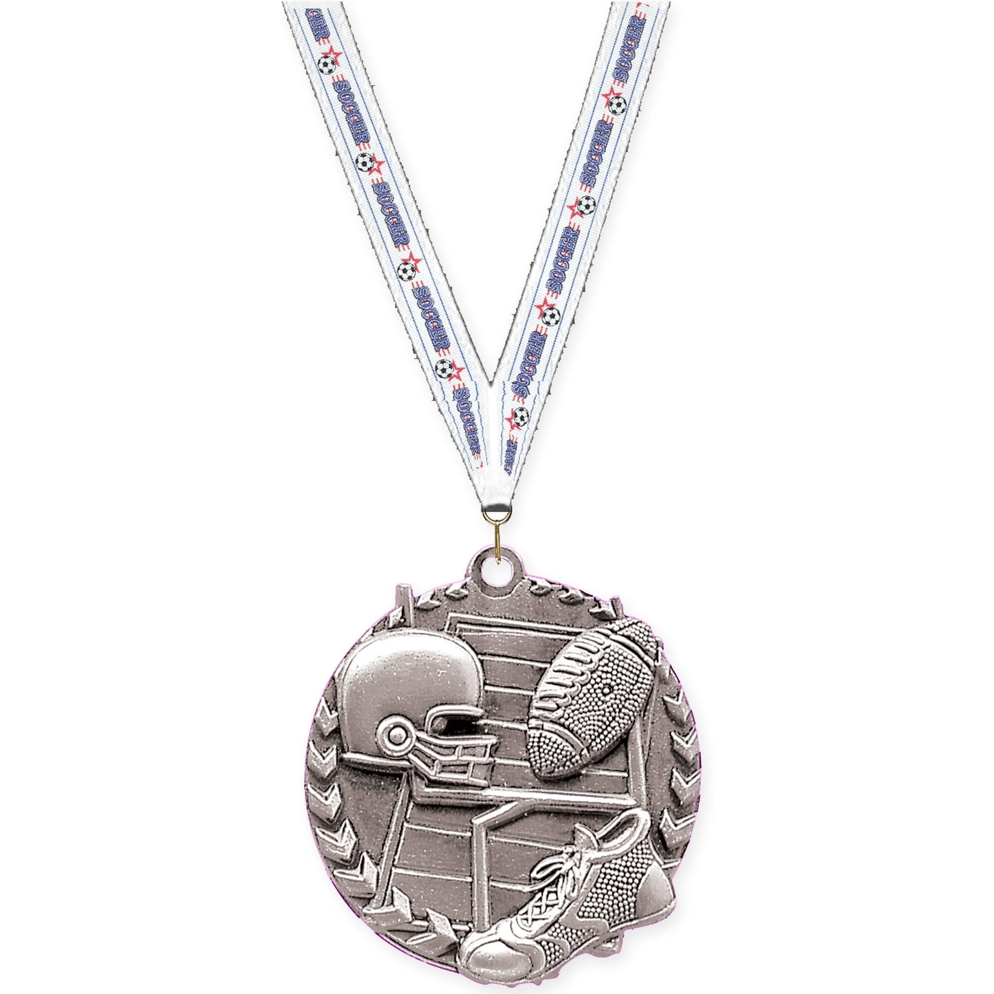 1 3/4 inch football Millennium medal in bright silver with Soccer neck ribbon