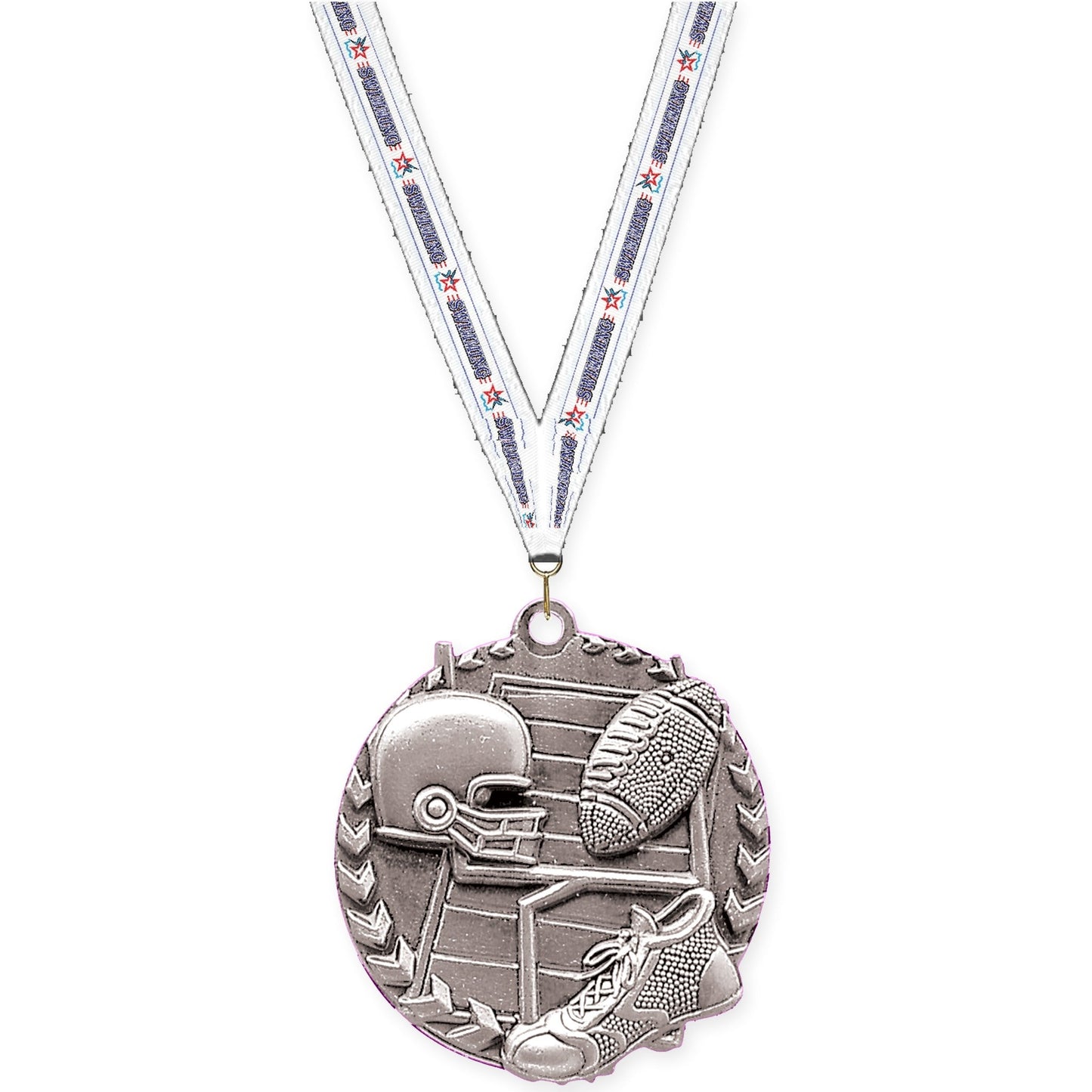 1 3/4 inch football Millennium medal in bright silver with Swimming neck ribbon
