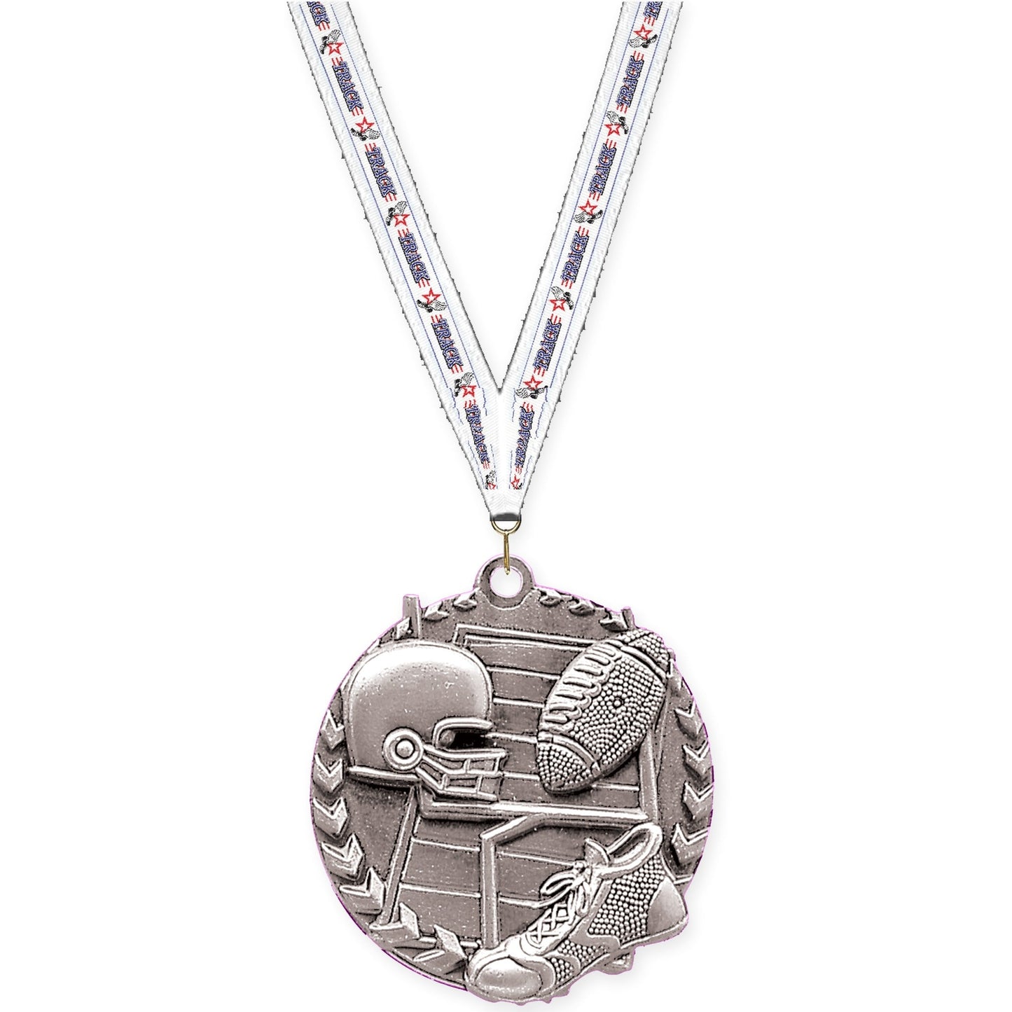 1 3/4 inch football Millennium medal in bright silver with Track neck ribbon