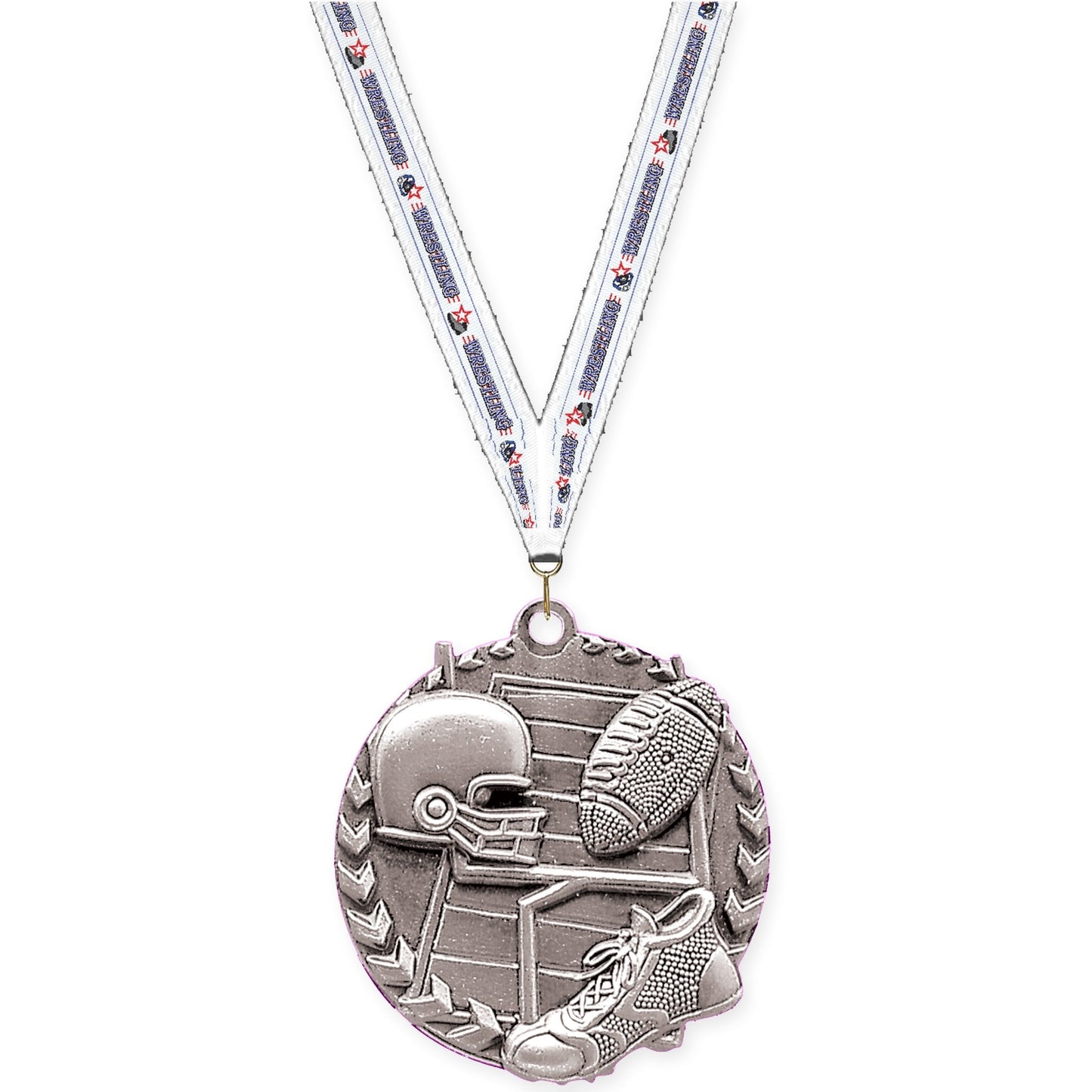 1 3/4 inch football Millennium medal in bright silver with Wrestling neck ribbon
