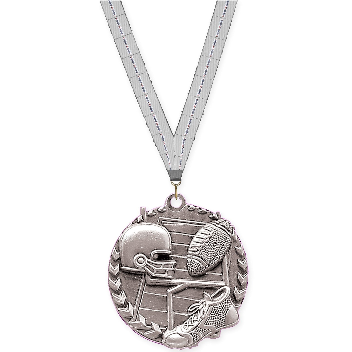 1 3/4 inch football Millennium medal in bright silver with Auto Racing neck ribbon