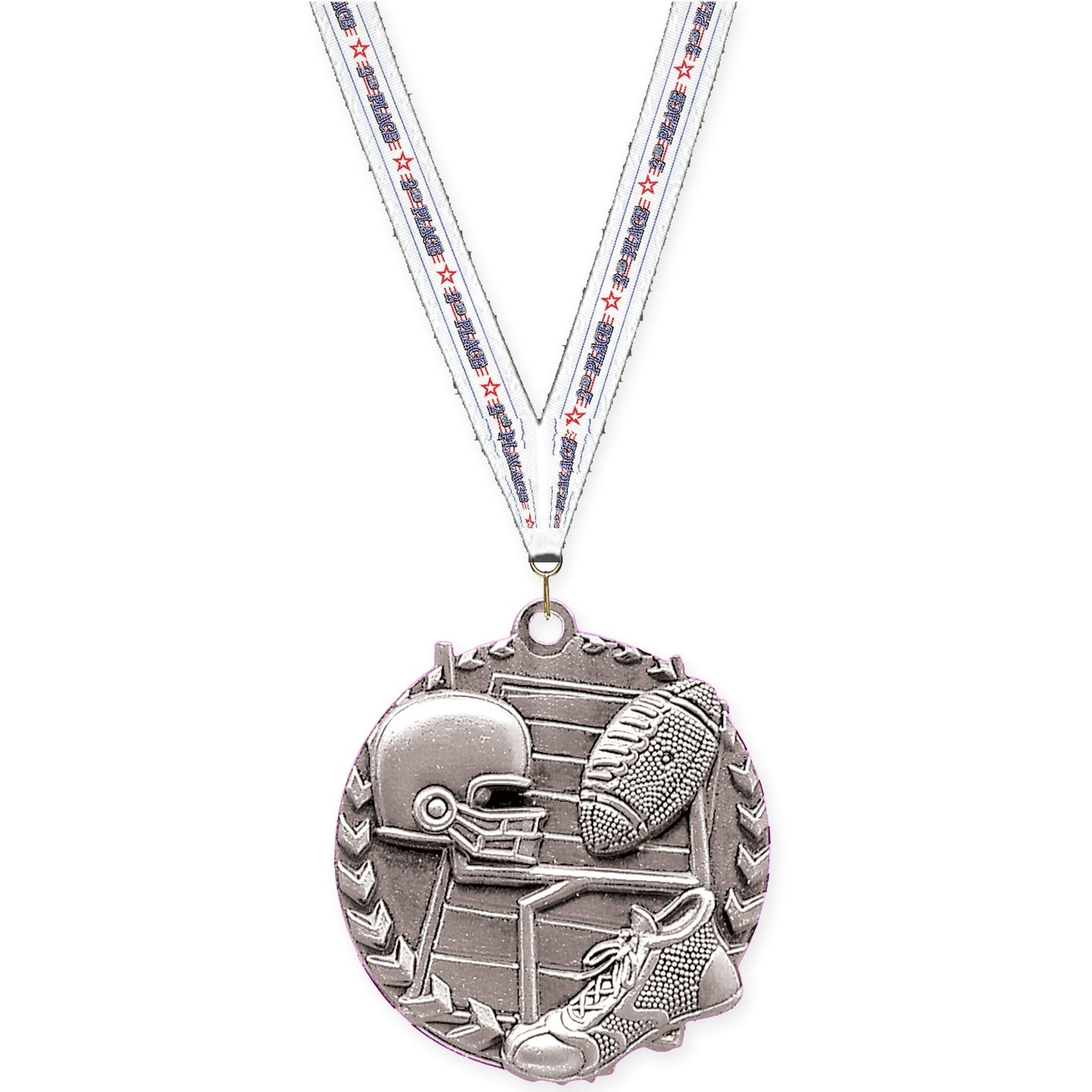 1 3/4 inch football Millennium medal in bright silver with 2nd Place neck ribbon