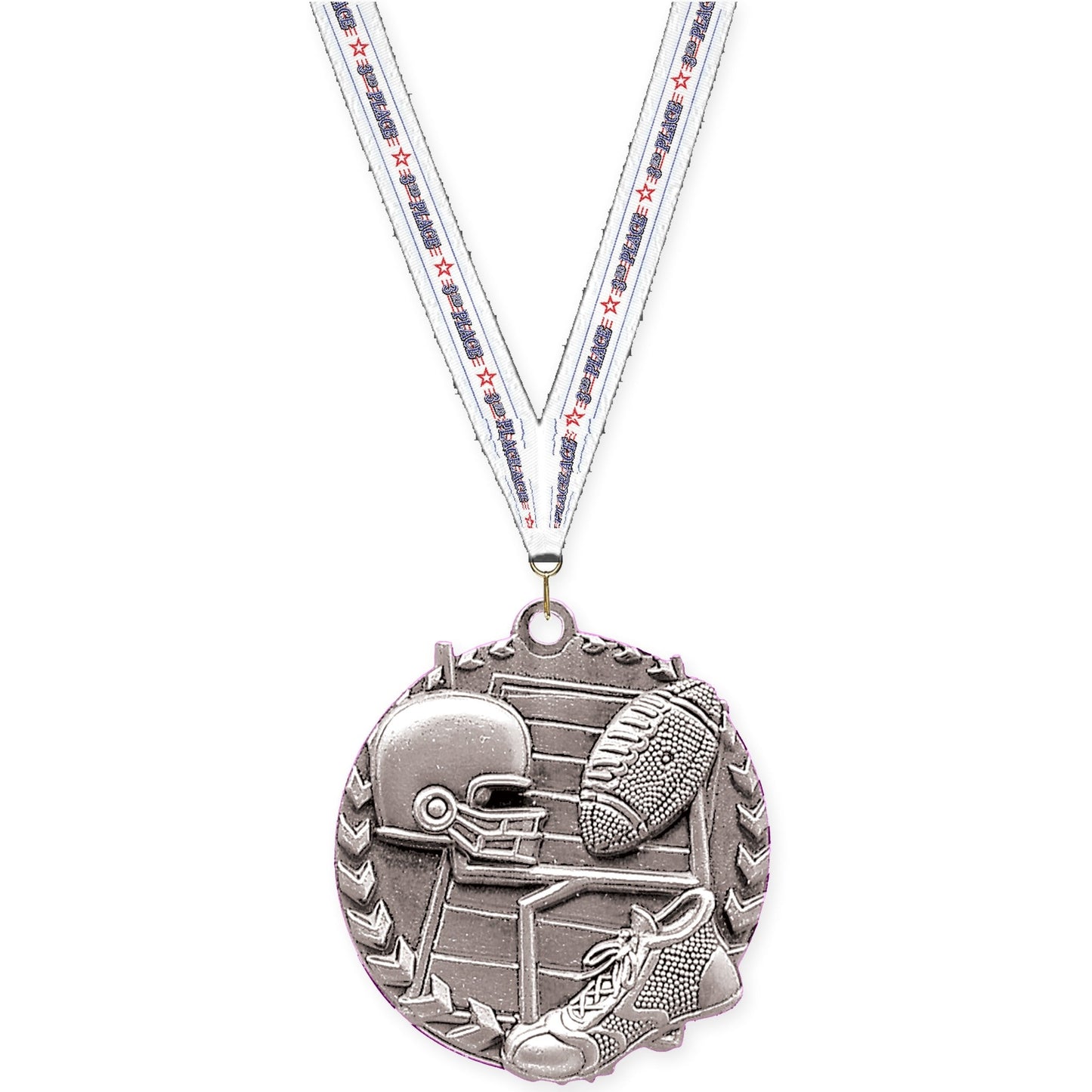 1 3/4 inch football Millennium medal in bright silver with 3rd Place neck ribbon