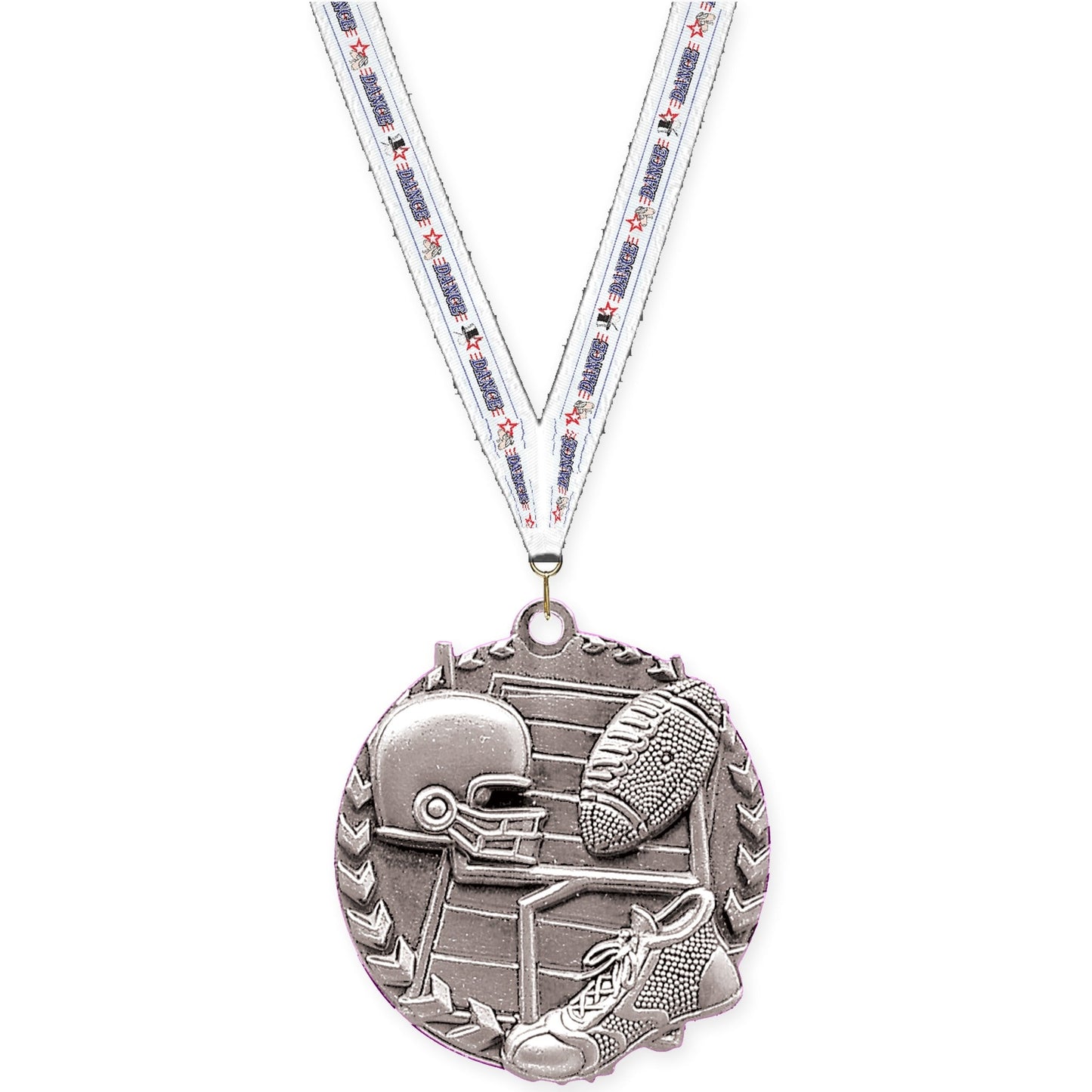 1 3/4 inch football Millennium medal in bright silver with Dance neck ribbon