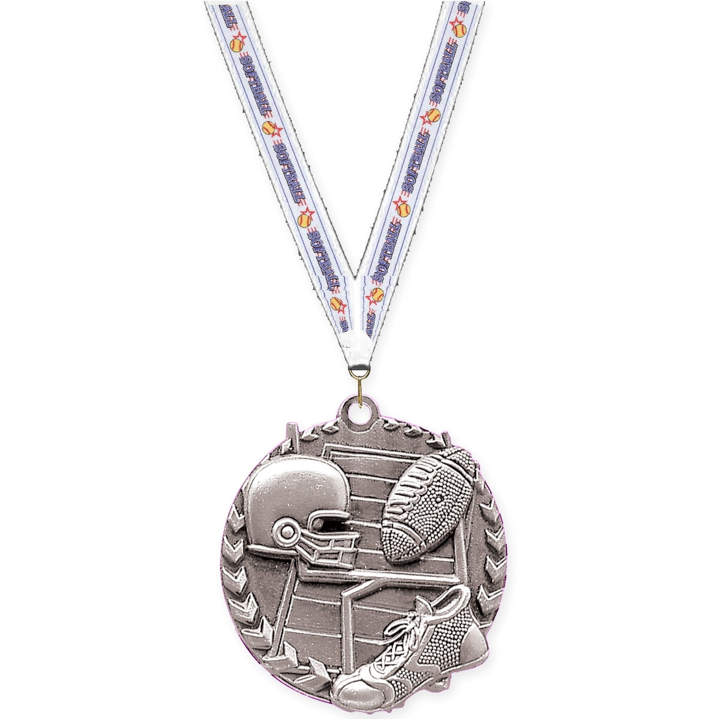 1 3/4 inch football Millennium medal in bright silver with Softball neck ribbon