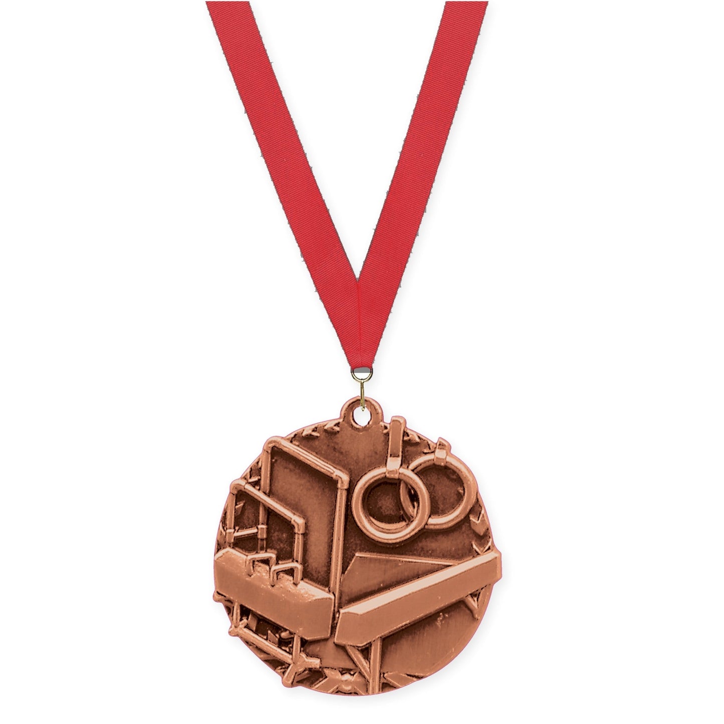 1 3/4 inch gymnastics Millennium medal in antique bronze with Red neck ribbon
