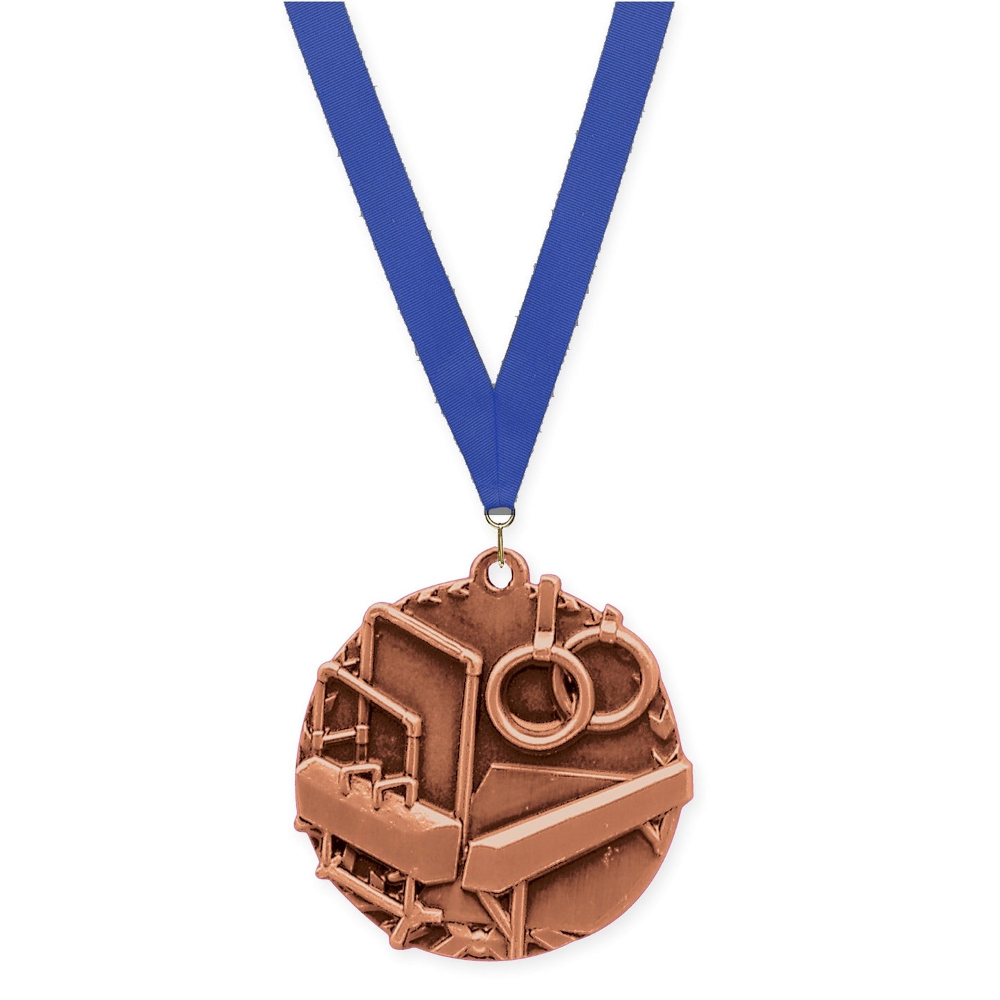 1 3/4 inch gymnastics Millennium medal in antique bronze with Blue neck ribbon
