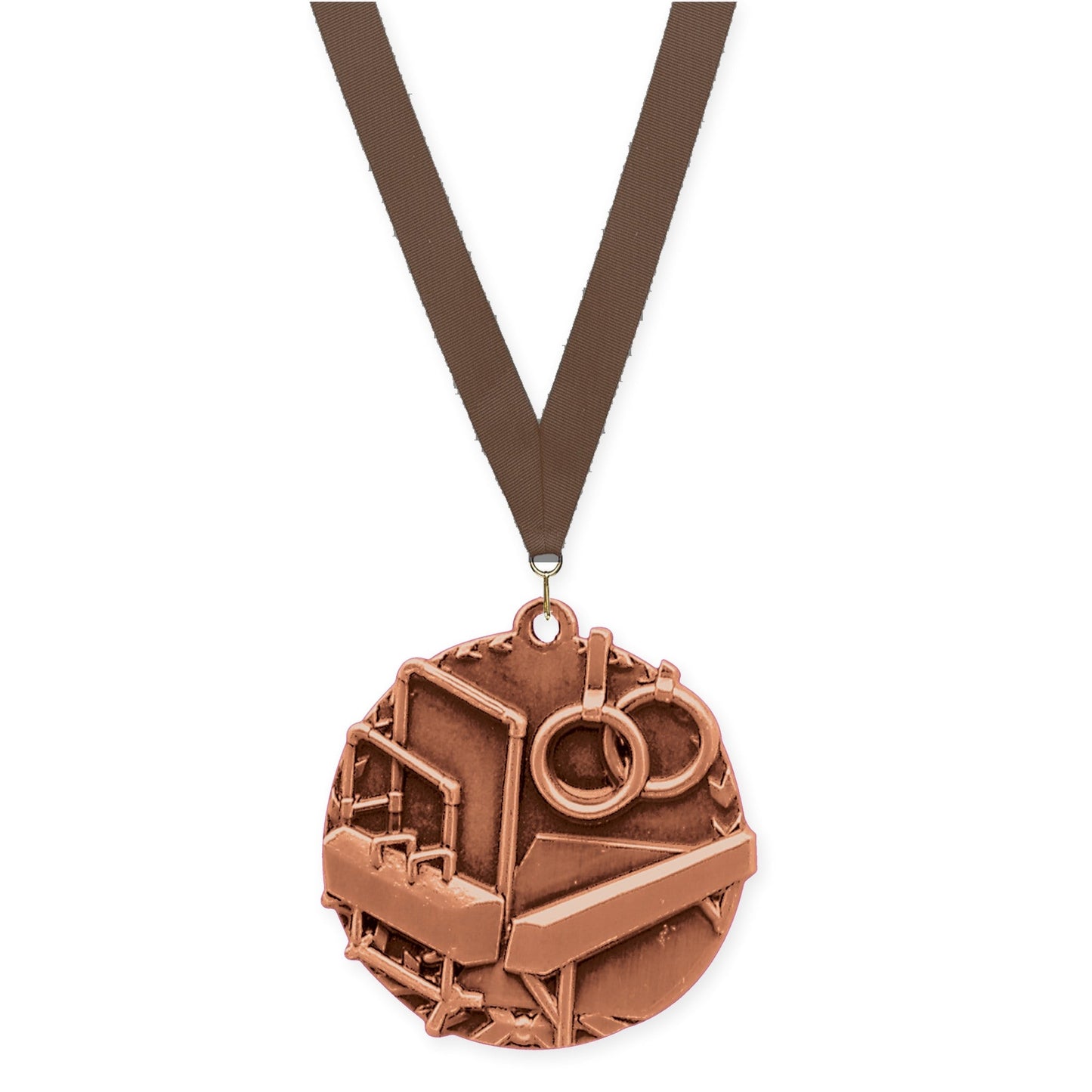 1 3/4 inch gymnastics Millennium medal in antique bronze with Brown neck ribbon